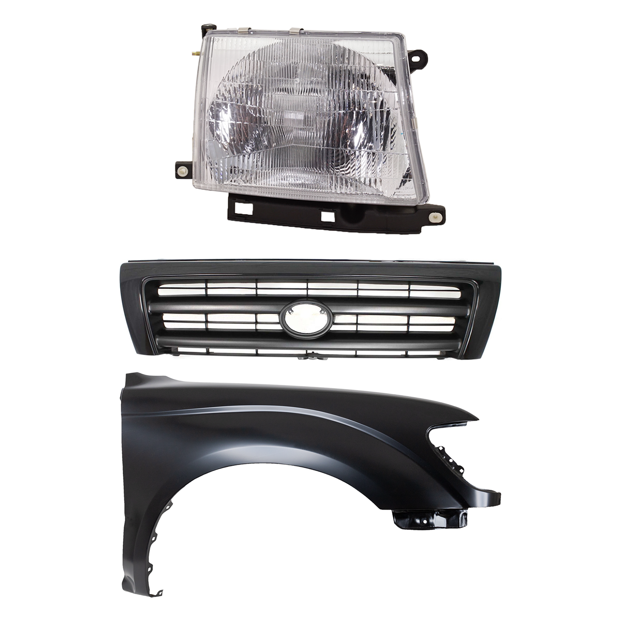 AM TACOMA 97-00 FRONT FENDER RH Primed 3 pc Kit with Grille and Headlight SKU KIT 031323-15601 Partslink TO1241161 TO1200211 TO2503120 OEM 5381104070-5310004110C0-811100
