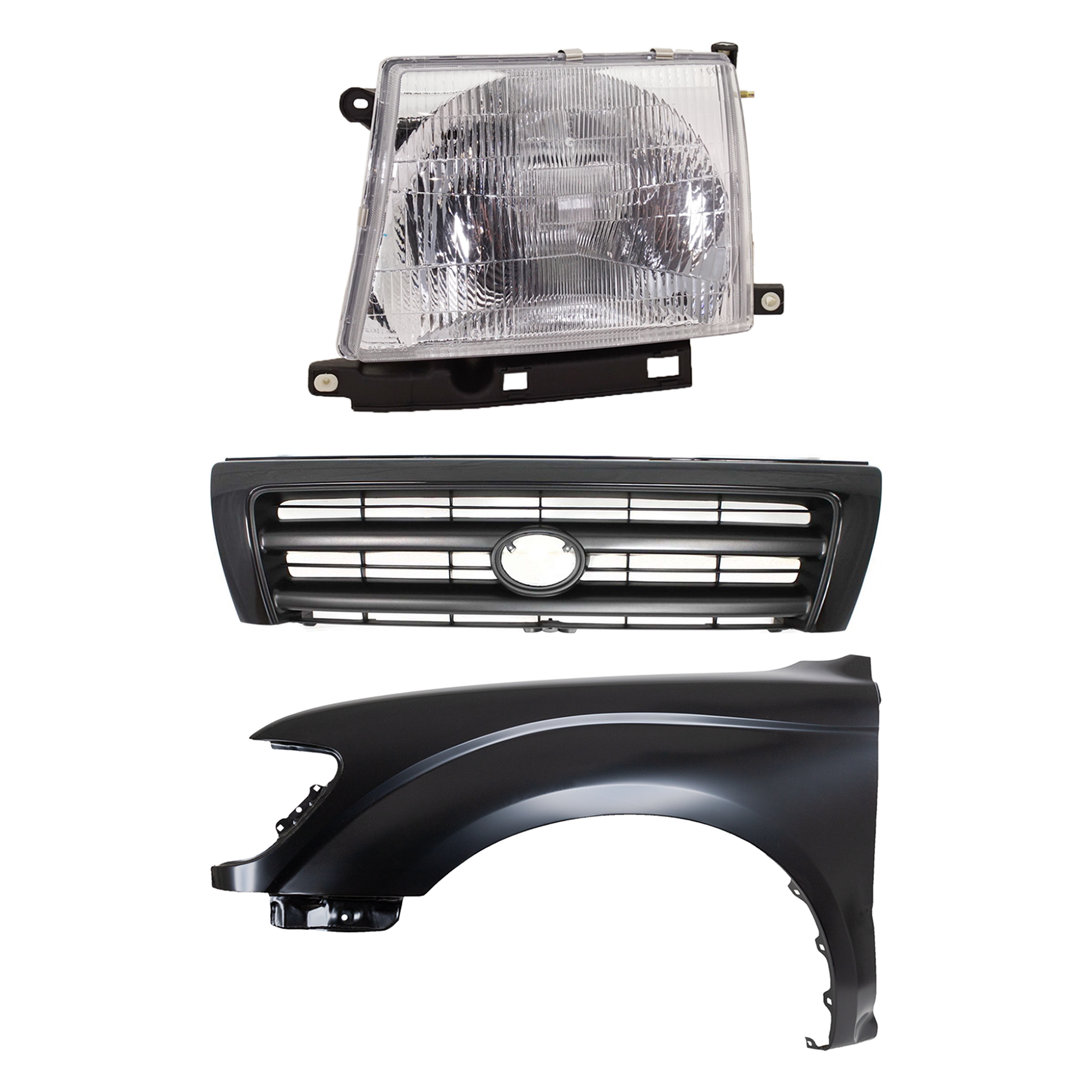 AM TACOMA 97-00 FRONT FENDER LH Primed 3 pc Kit with Grille and Headlight SKU KIT 031323-15602 Partslink TO1240161 TO1200211 TO2502120 OEM 5381204070-5310004110C0-811500