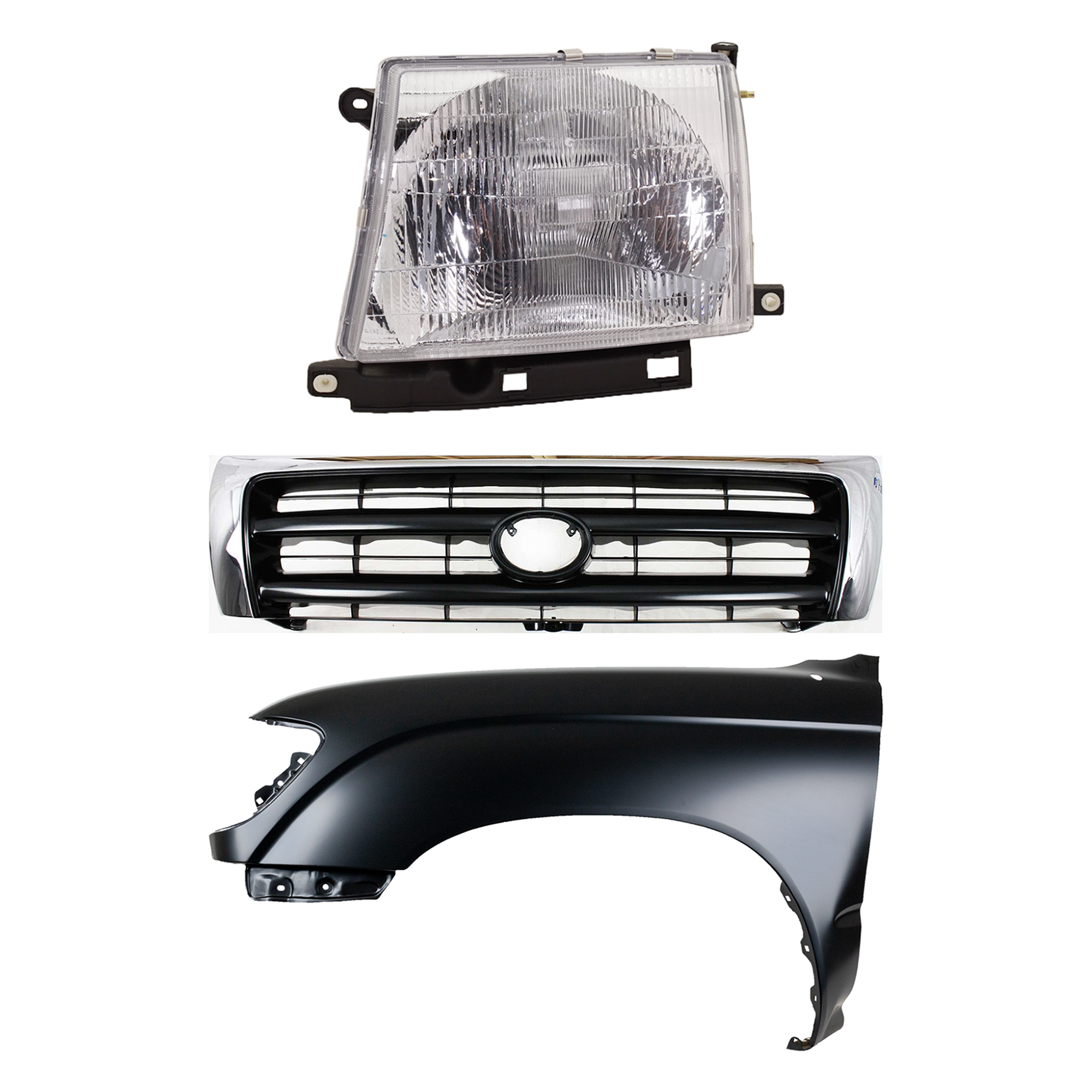 AM TACOMA 97-00 FRONT FENDER LH Primed 3 pc Kit with Grille and Headlight SKU KIT 031323-15702 Partslink TO1240158 TO1200213 TO2502120 OEM 5381204061-5310004100-81150040