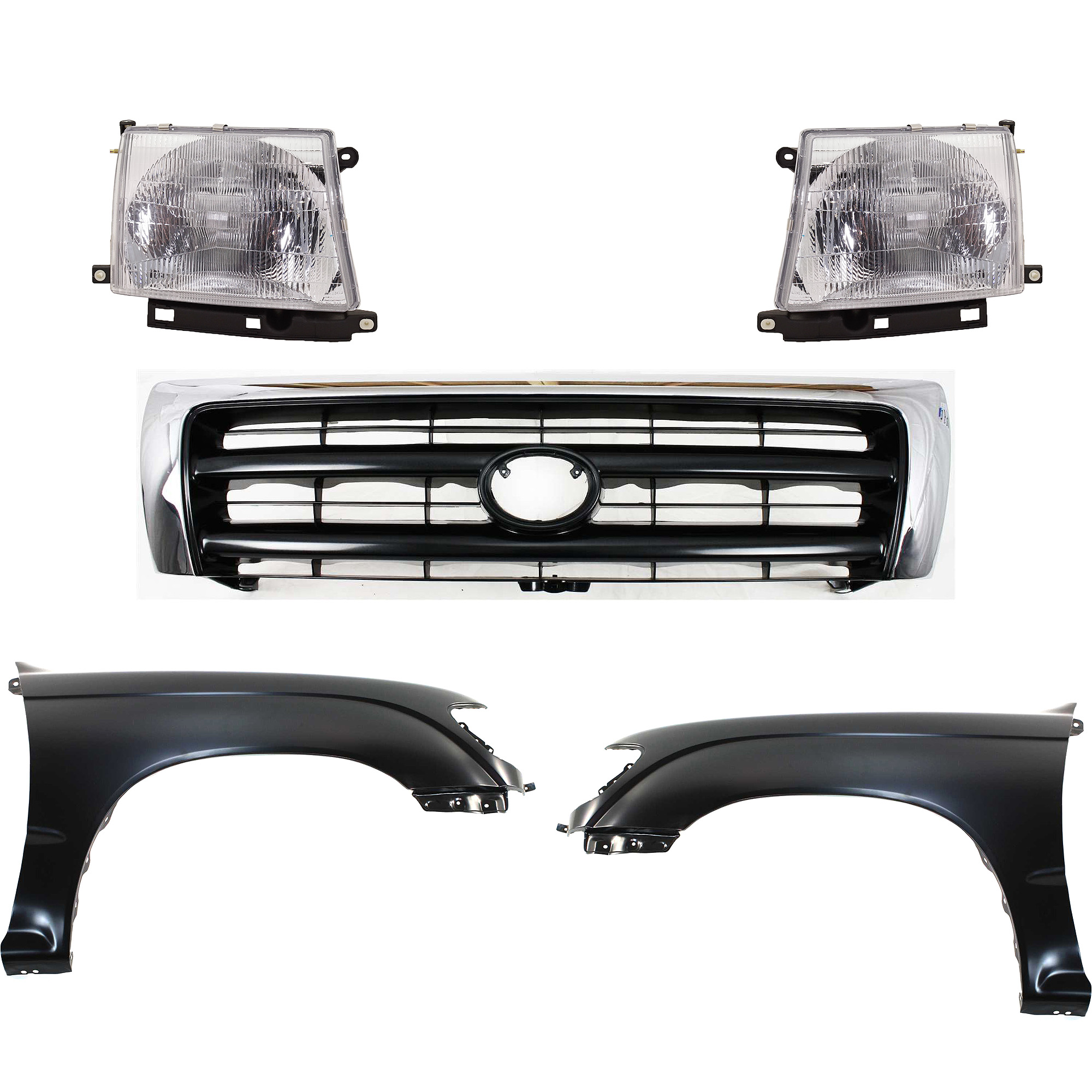 AM TACOMA 97-00 FRONT FENDER RH AND LH Primed 5 pc Kit with Grille and Headlights SKU KIT 031323-157 Partslink TO1240158 TO1241157 TO1200213 TO2502120 TO2503120 OEM 5381104061-5381204061-53100041
