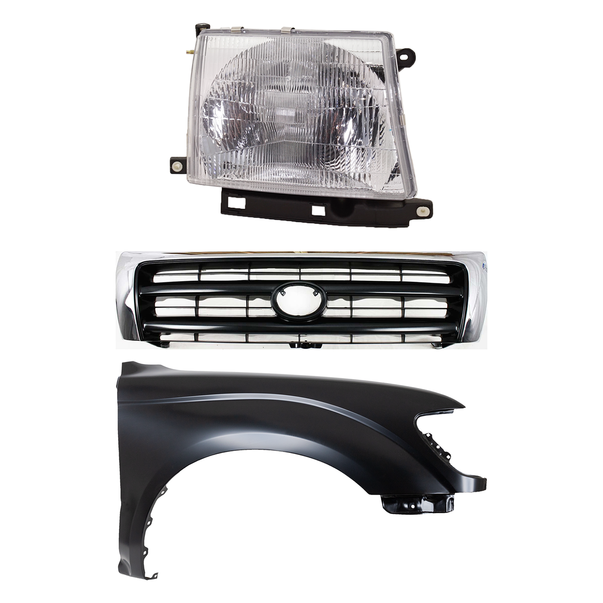 AM TACOMA 97-00 FRONT FENDER RH Primed 3 pc Kit with Grille and Headlight SKU KIT 031323-15801 Partslink TO1241161 TO1200213 TO2503120 OEM 5381104070-5310004100-81110040