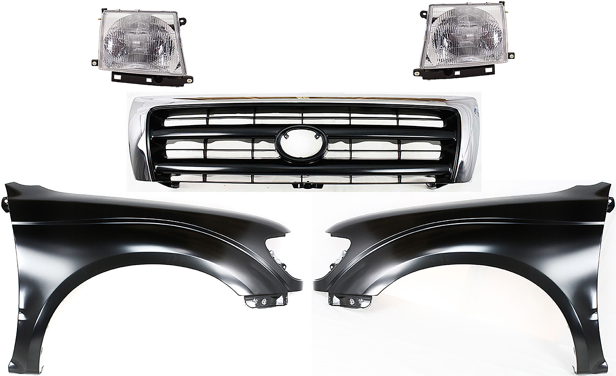 AM TACOMA 97-00 GRILLE Chrome Shell with Painted Dark Silver Insert 5 pc Kit with Fenders and Headlights SKU KIT 031323-158 Partslink TO1200213 TO1240161 TO1241161 TO2502120 TO2503120 OEM 5310004100-5381204070-53811040
