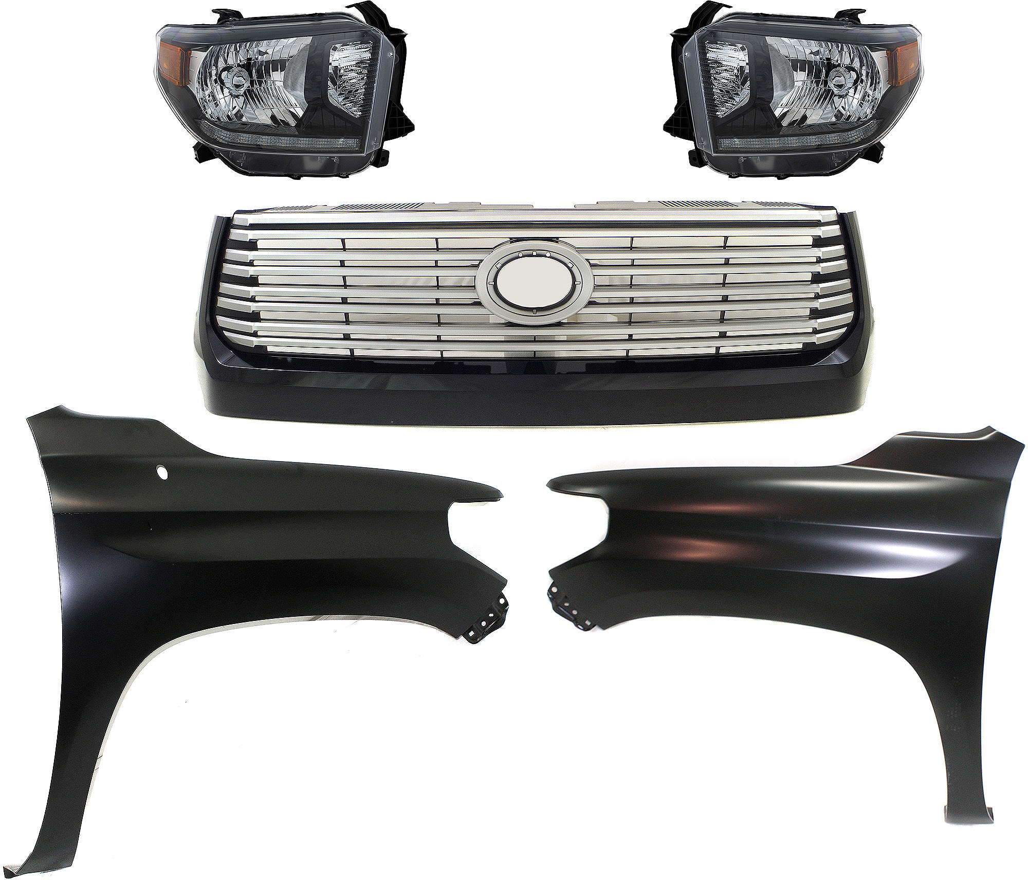 AM TUNDRA 14-17 HEAD LAMP RH AND LH Assembly LED 5 pc Kit with Fenders and Grille Assembly SKU KIT 031323-15 Partslink TO2505126 TO1241249 TO1240249 TO1200375 OEM 811500C090-811100C090-538110C0