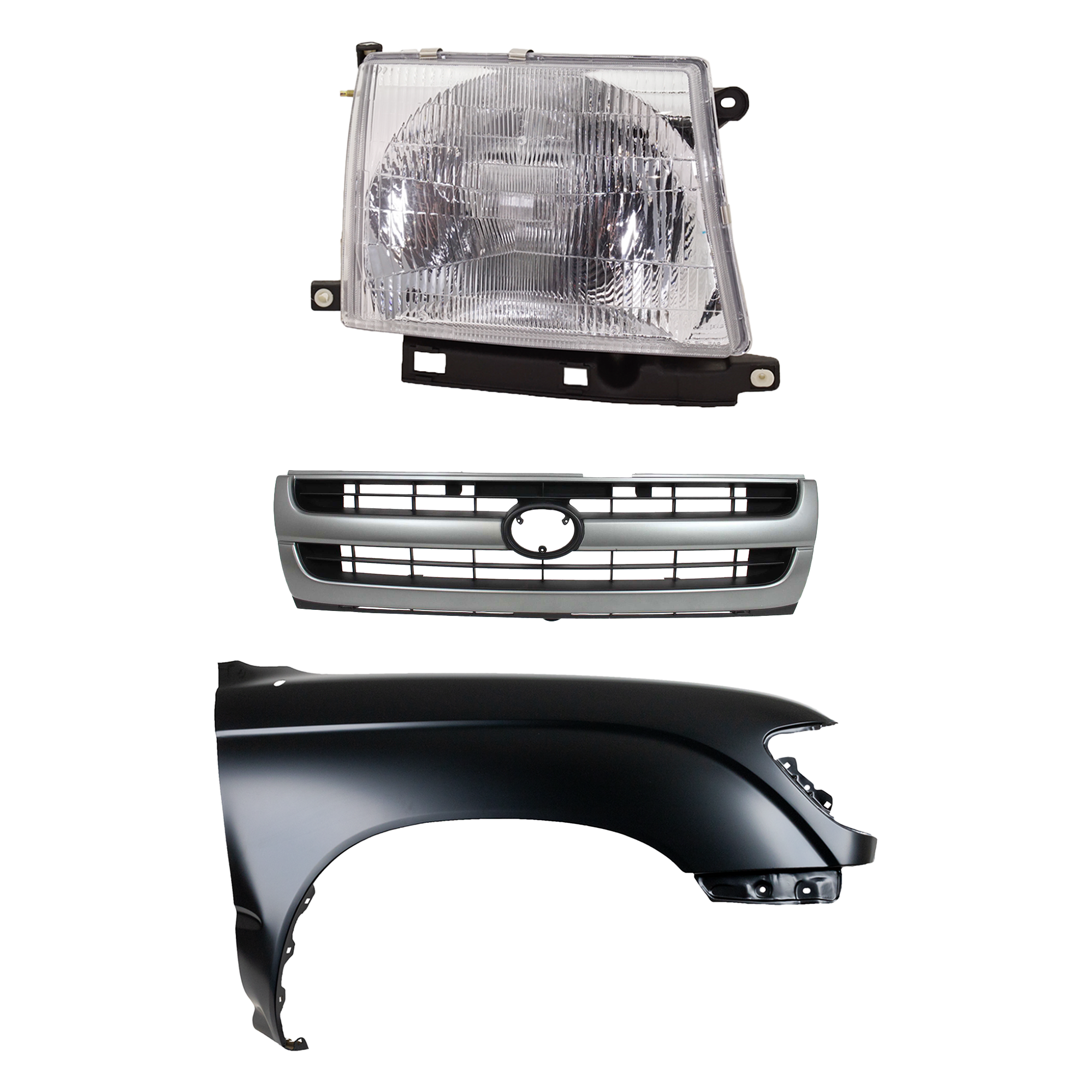 AM TACOMA 97-00 FRONT FENDER RH Primed 3 pc Kit with Grille and Headlight SKU KIT 031323-16001 Partslink TO1241157 TO1200204 TO2503120 OEM 5381104061-5310004060-81110040