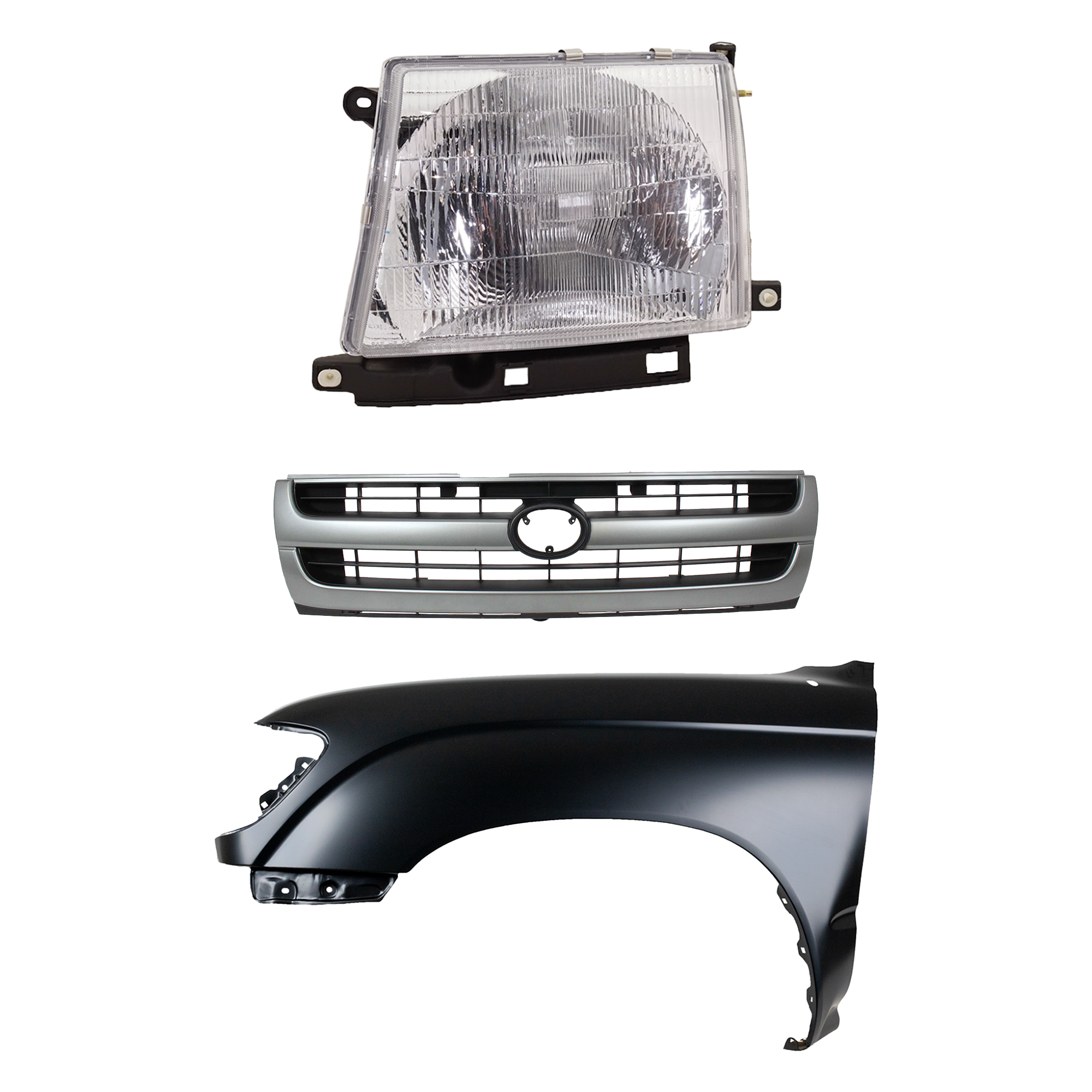 AM TACOMA 97-00 FRONT FENDER LH Primed 3 pc Kit with Grille and Headlight SKU KIT 031323-16002 Partslink TO1240158 TO1200204 TO2502120 OEM 5381204061-5310004060-81150040