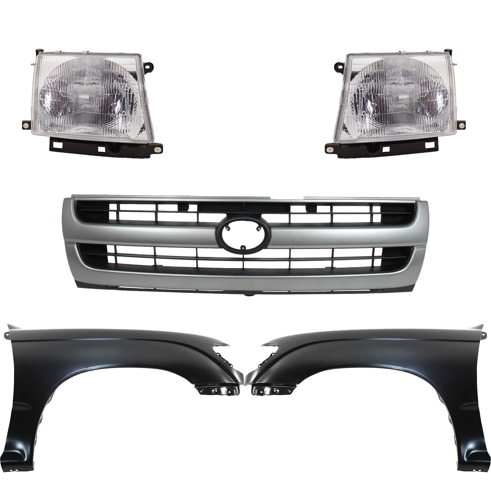AM TACOMA 97-00 FRONT FENDER RH AND LH Primed 5 pc Kit with Grille and Headlights SKU KIT 031323-160 Partslink TO1240158 TO1241157 TO1200204 TO2502120 TO2503120 OEM 5381104061-5381204061-53100040