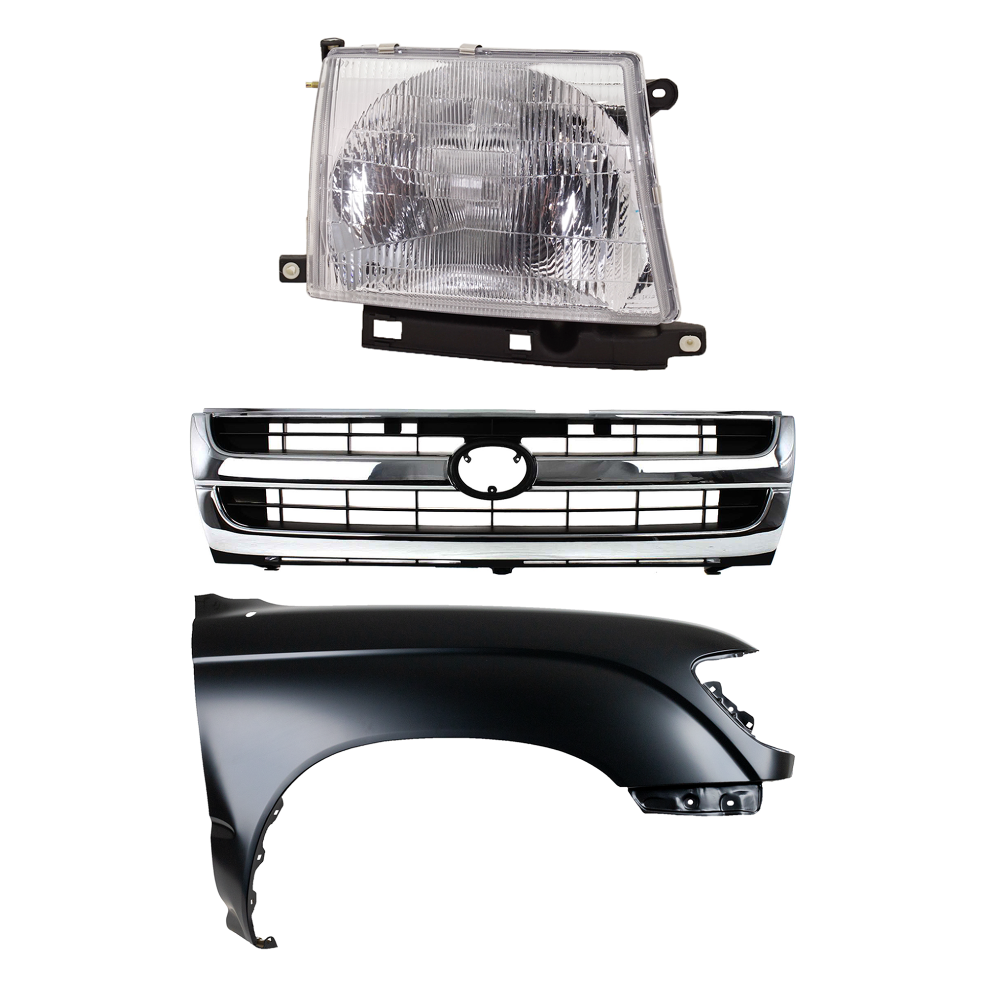 AM TACOMA 97-00 FRONT FENDER RH Primed 3 pc Kit with Grille and Headlight SKU KIT 031323-16201 Partslink TO1241157 TO1200205 TO2503120 OEM 5381104061-5310004070-81110040