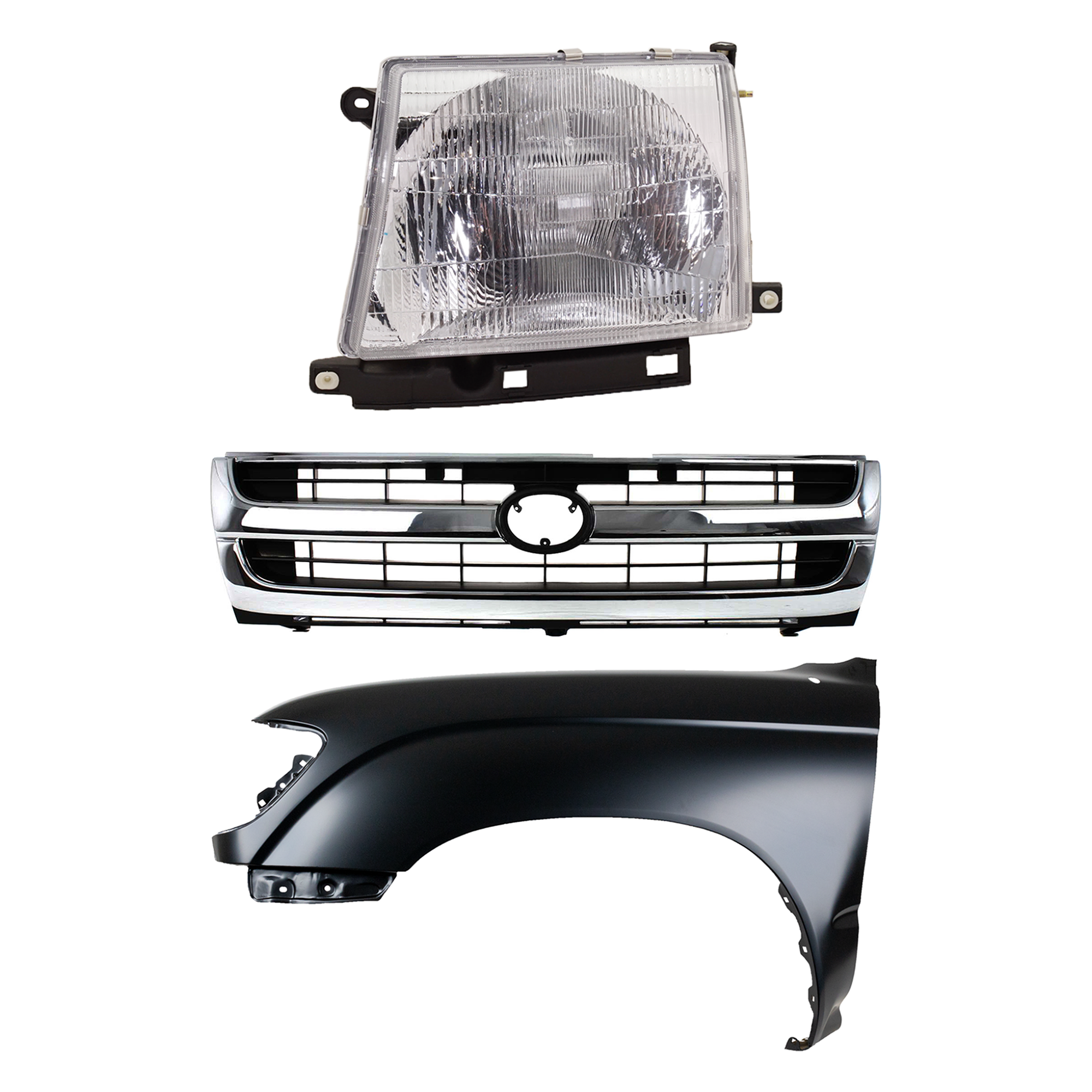 AM TACOMA 97-00 FRONT FENDER LH Primed 3 pc Kit with Grille and Headlight SKU KIT 031323-16202 Partslink TO1240158 TO1200205 TO2502120 OEM 5381204061-5310004070-81150040