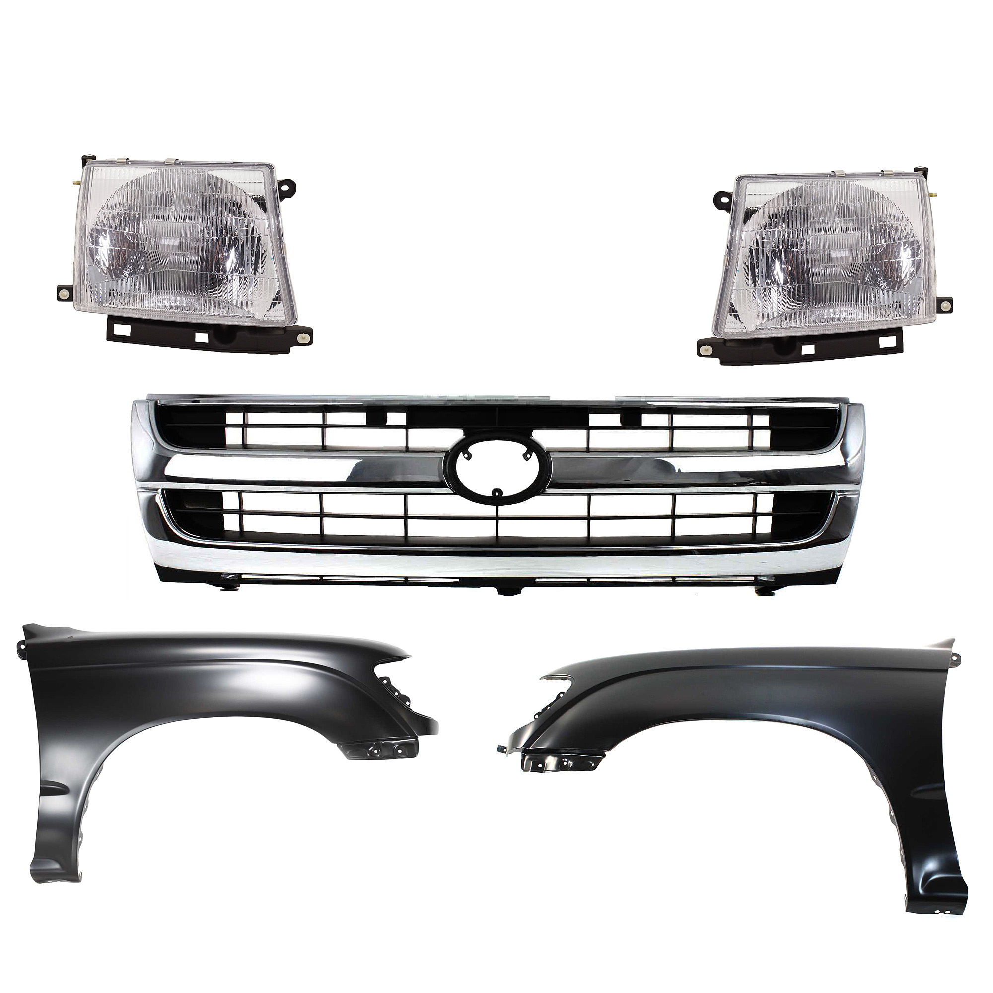 AM TACOMA 97-00 FRONT FENDER RH AND LH Primed 5 pc Kit with Grille and Headlights SKU KIT 031323-162 Partslink TO1240158 TO1241157 TO1200205 TO2502120 TO2503120 OEM 5381104061-5381204061-53100040