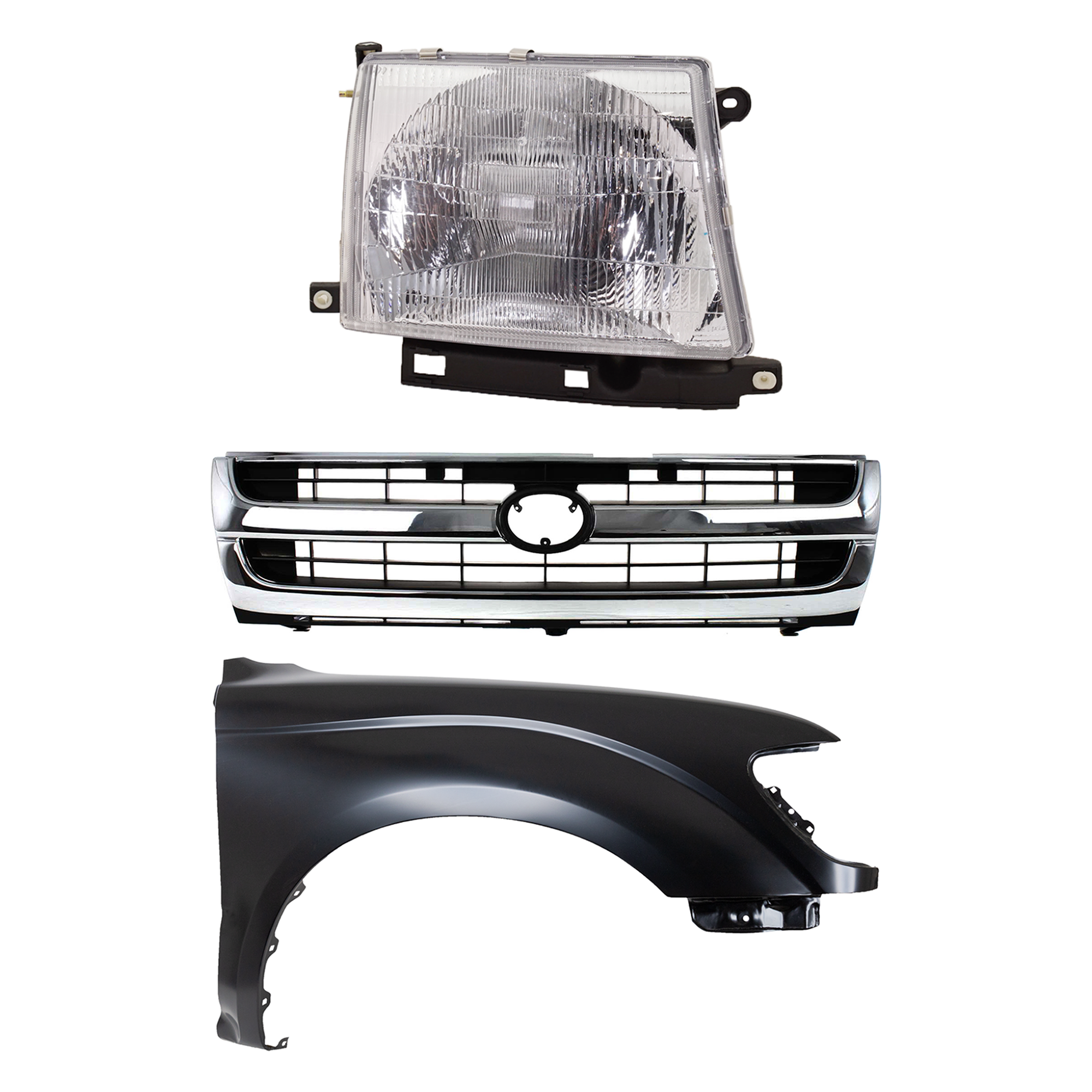 AM TACOMA 97-00 FRONT FENDER RH Primed 3 pc Kit w Grille and Headlight SKU KIT 031323-16301 Partslink TO1241161 TO1200205 TO2503120 OEM 5381104070-5310004070-81110040