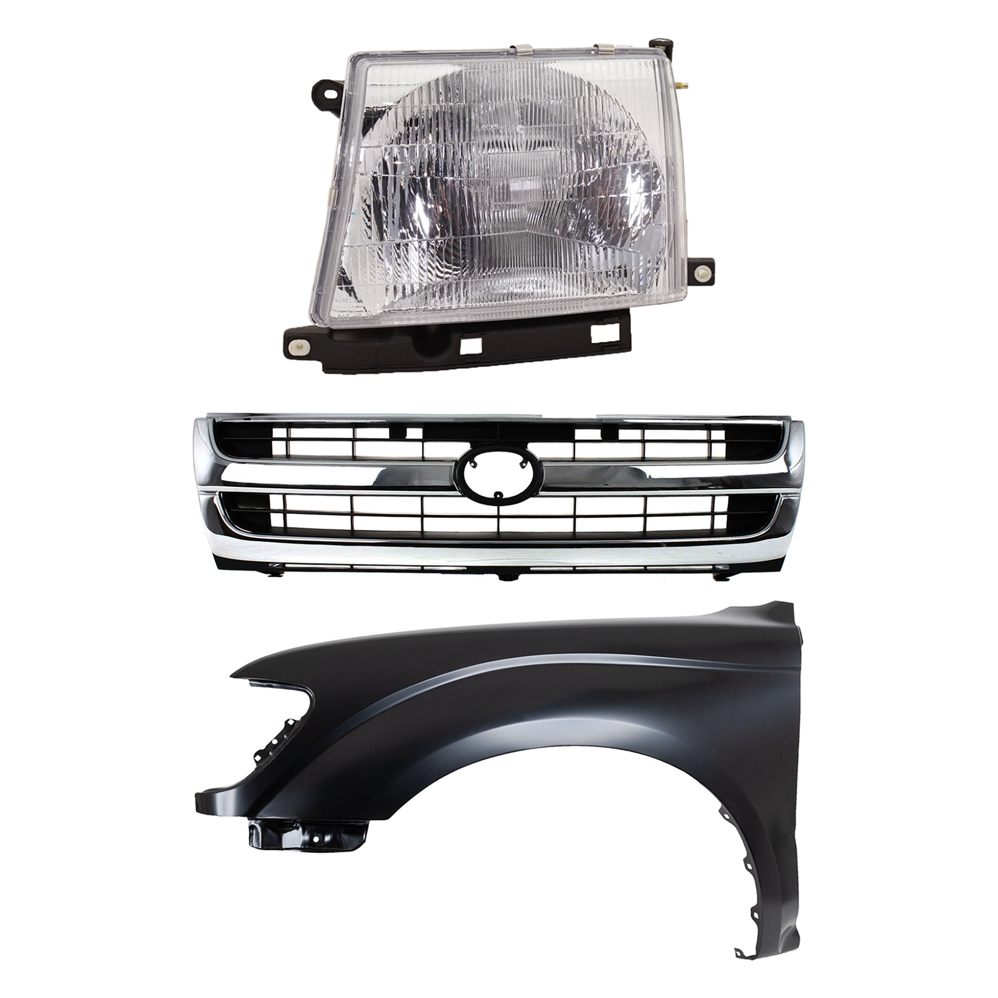 AM TACOMA 97-00 FRONT FENDER LH Primed 3 pc Kit w Grille and Headlight SKU KIT 031323-16302 Partslink TO1240161 TO1200205 TO2502120 OEM 5381204070-5310004070-81150040