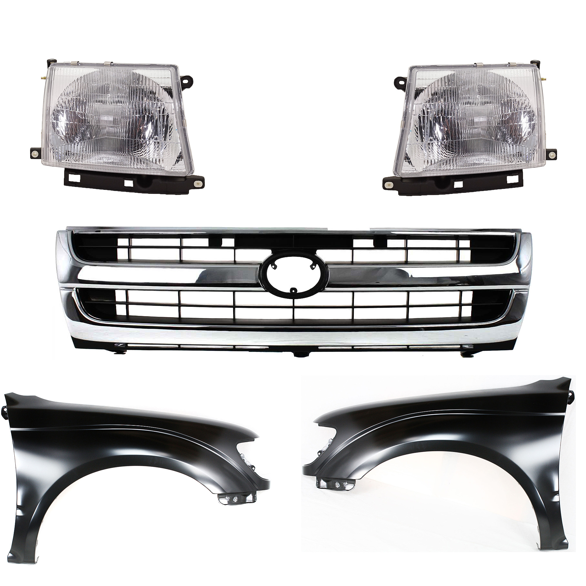 AM TACOMA 97-00 FRONT FENDER RH AND LH Primed 5 pc Kit w Grille and Headlights SKU KIT 031323-163 Partslink TO1240161 TO1241161 TO1200205 TO2502120 TO2503120 OEM 5381104070-5381204070-53100040