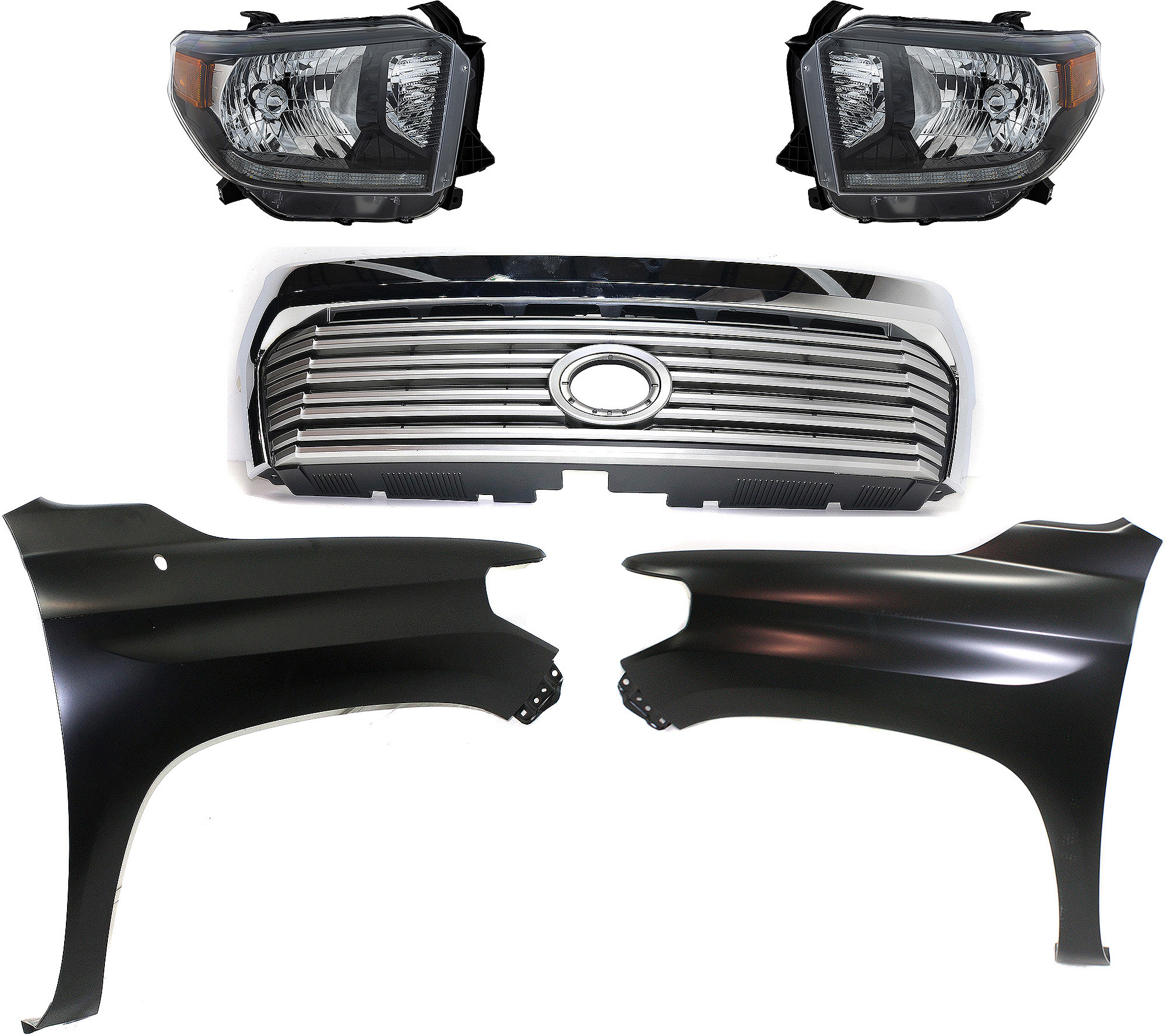 AM TUNDRA 14-17 HEAD LAMP RH AND LH Assembly LED 5 pc Kit with Fenders and Grille Assembly SKU KIT 031323-16 Partslink TO2505126 TO1241249 TO1240249 TO1200374 OEM 811500C090-811100C090-538110C0