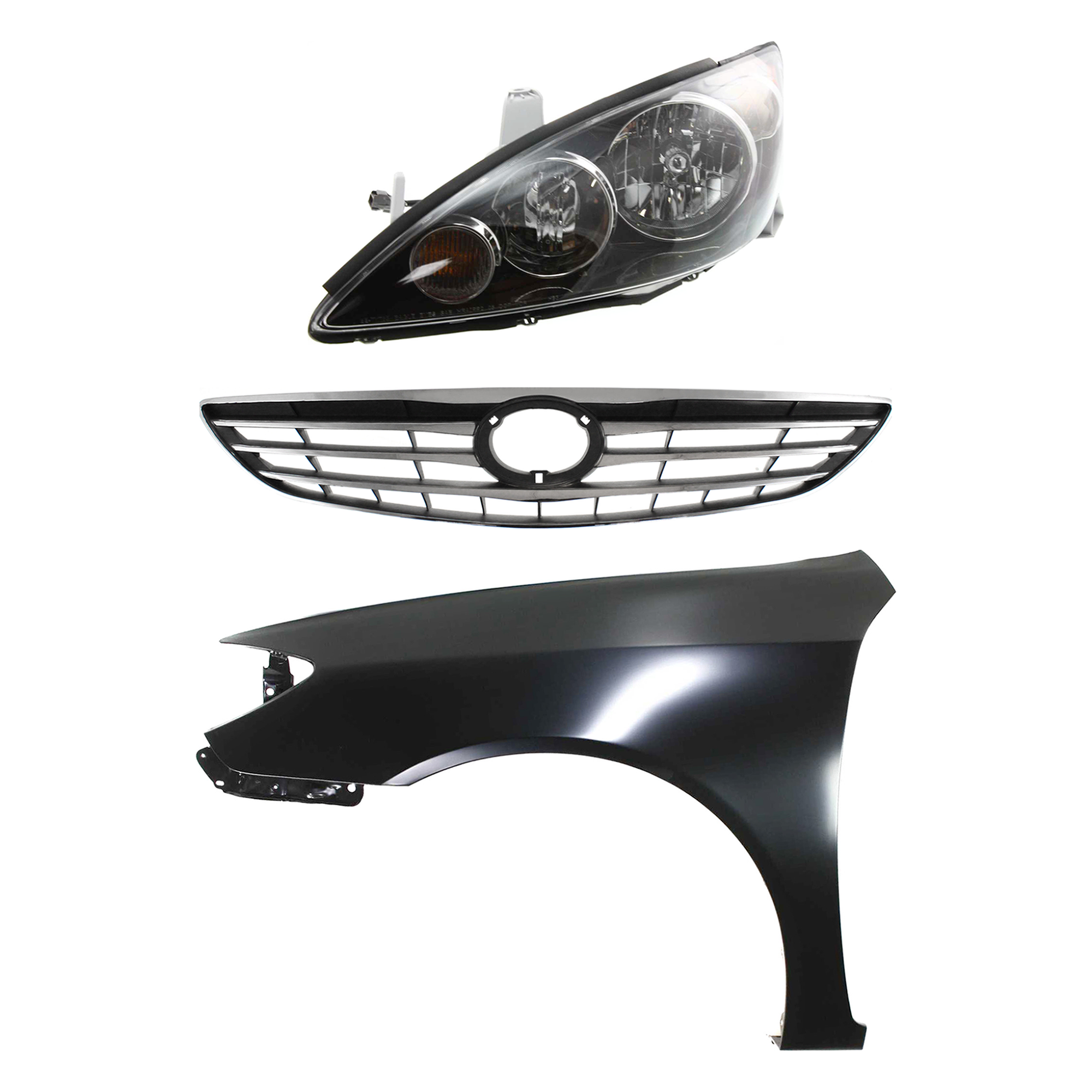 AM CAMRY 05-06 HEAD LAMP LH Assembly Halogen 3 pc Kit with Fender and Grille Assembly SKU KIT 031323-17002 Partslink TO2502156 TO1240184 TO1200267 OEM 8115006190-53802AA020-53101060
