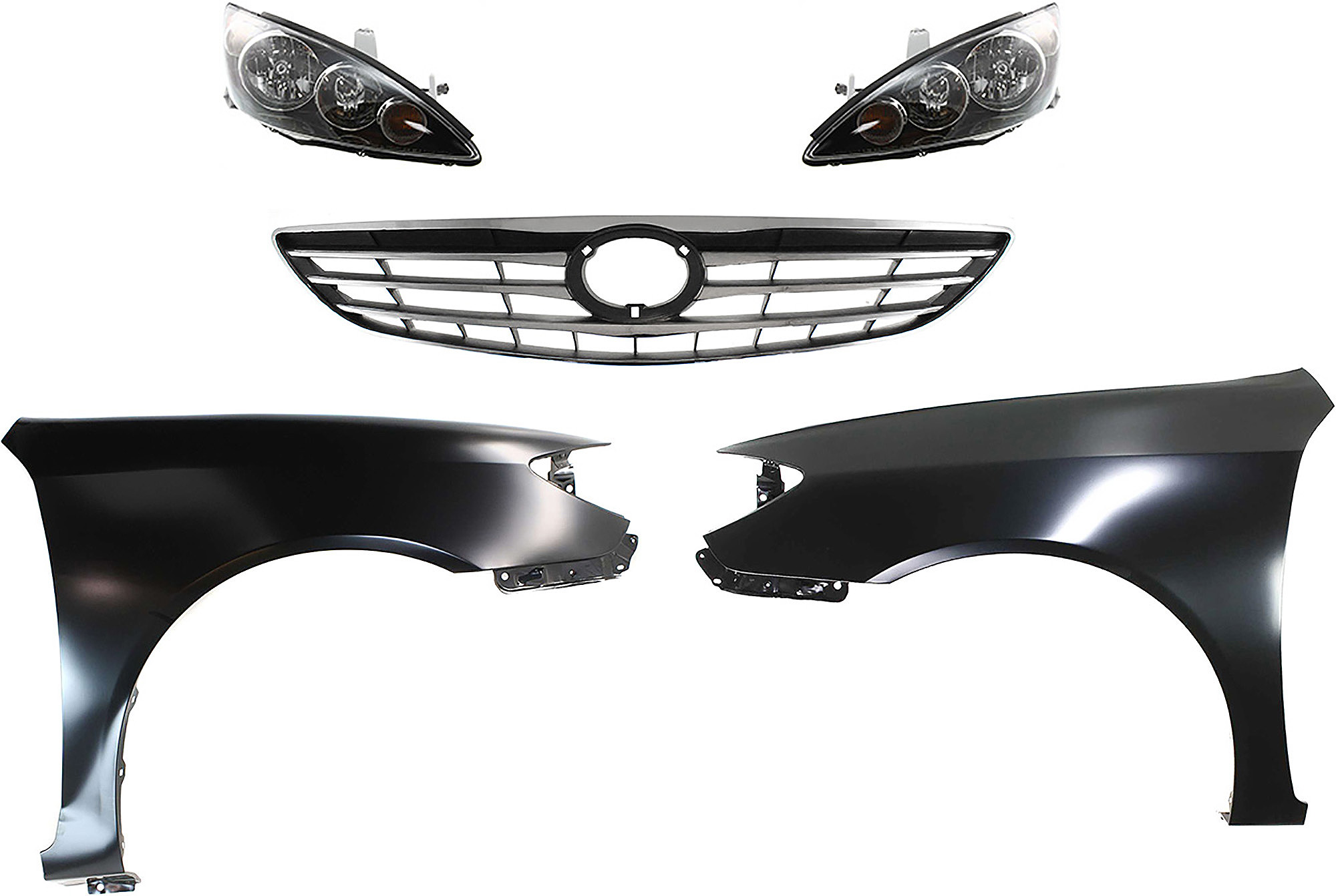 AM CAMRY 05-06 HEAD LAMP RH AND LH Assembly Halogen 5 pc Kit with Fenders and Grille Assembly SKU KIT 031323-170 Partslink TO2502156 TO2503156 TO1241184 TO1240184 TO1200267 OEM 8115006190-8111006190-53801AA0