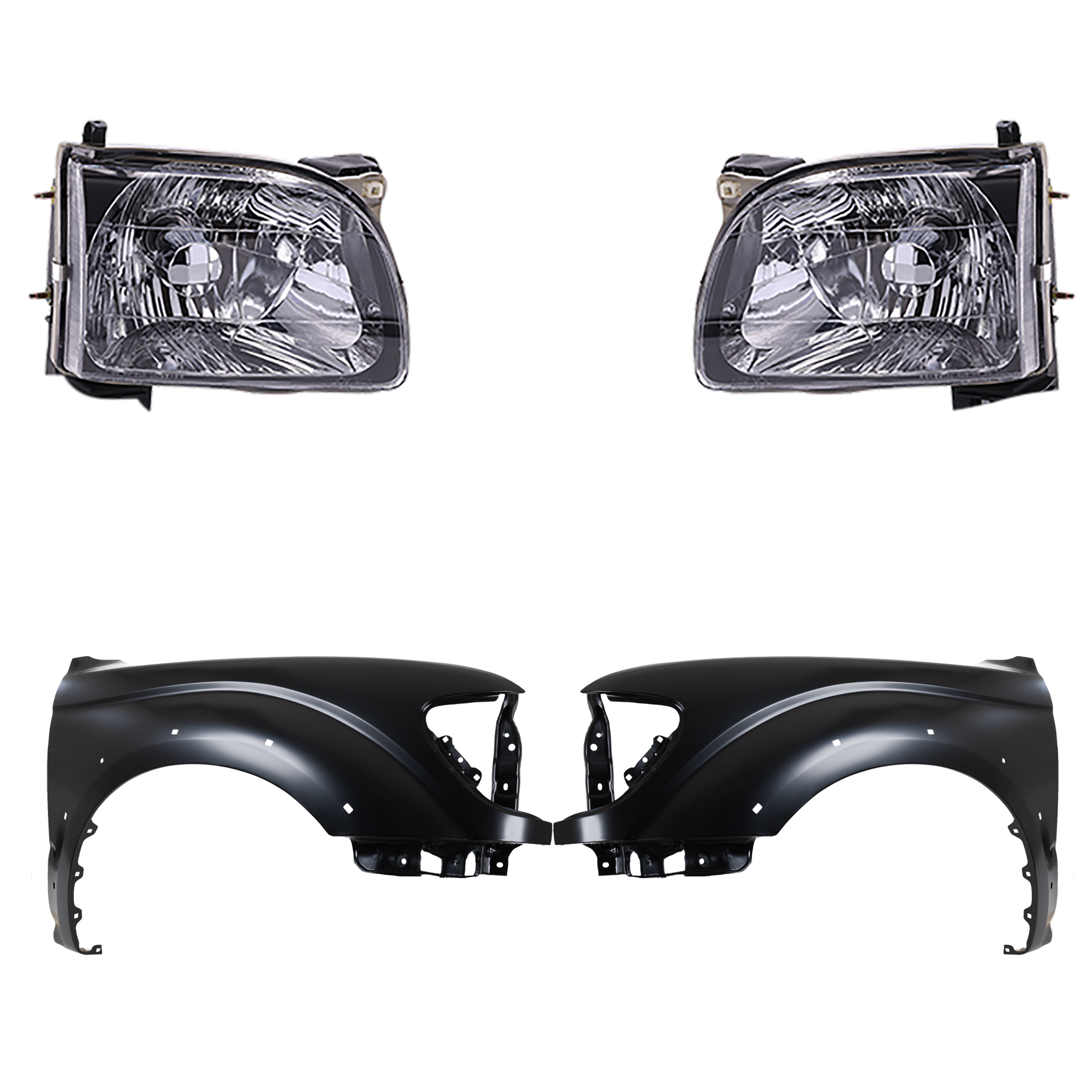 AM TACOMA 01-04 FRONT FENDER RH AND LH Primed 4 pc Kit with Headlights SKU KIT 031323-17403 Partslink TO1240188 TO1241188 TO2503136 TO2502136 OEM 5380104060-5380204080-81110041