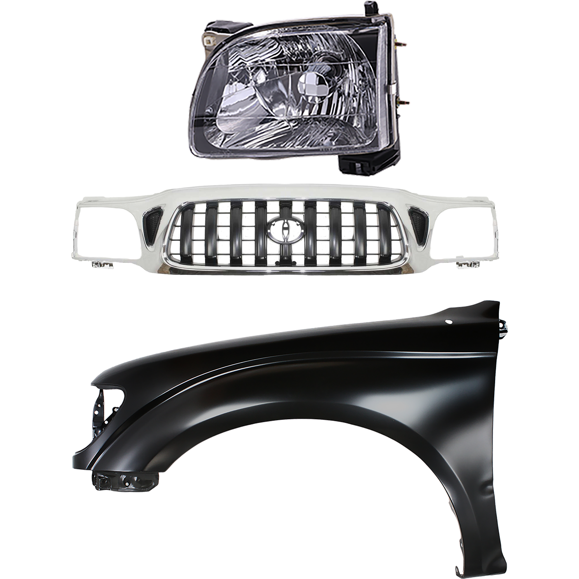AM TACOMA 01-04 GRILLE Chrome Shell with Painted Dark Gray Insert 3 pc Kit with Fender and Headlight SKU KIT 031323-17501 Partslink TO1200248 TO1241180 TO2503136 OEM 5310004240-5380104050-81110041