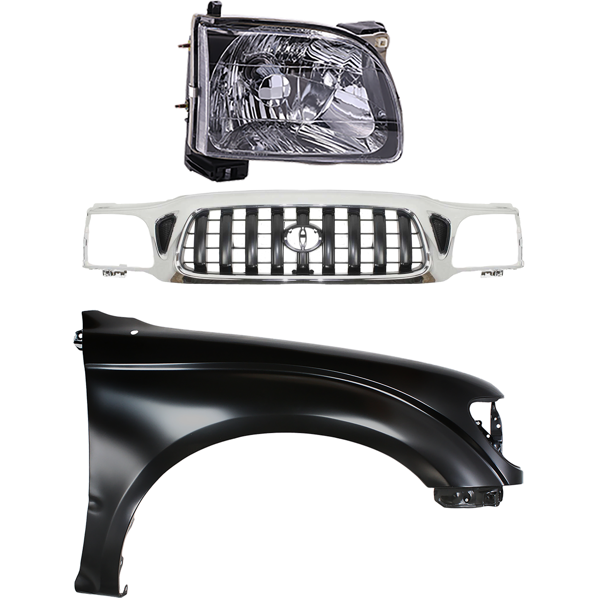 AM TACOMA 01-04 GRILLE Chrome Shell with Painted Dark Gray Insert 3 pc Kit with Fender and Headlight SKU KIT 031323-17502 Partslink TO1200248 TO1240180 TO2502136 OEM 5310004240-5380204070-81150041