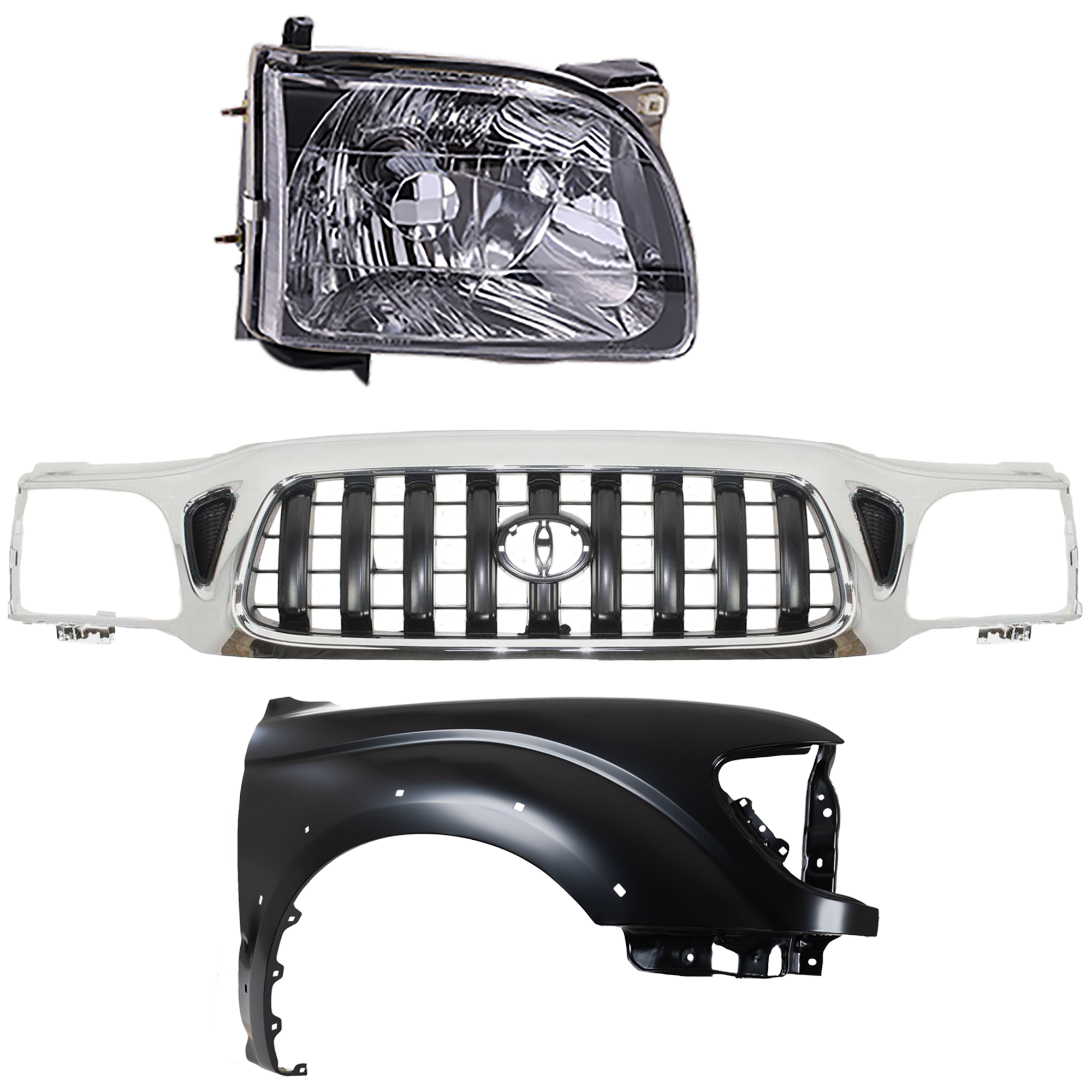 AM TACOMA 01-04 GRILLE Chrome Shell with Painted Dark Gray Insert 3 pc Kit with Fender and Headlight SKU KIT 031323-17601 Partslink TO1200248 TO1241188 TO2503136 OEM 5310004240-5380104060-81110041