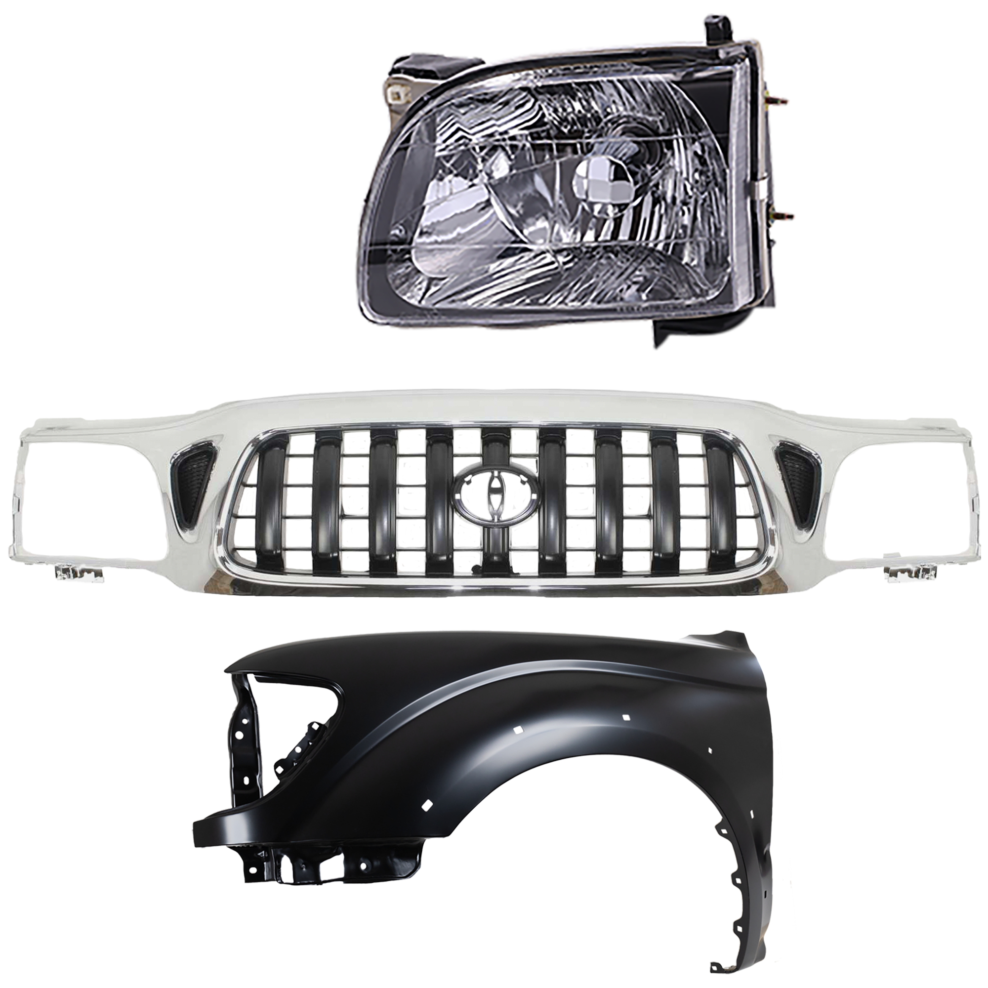 AM TACOMA 01-04 GRILLE Chrome Shell with Painted Dark Gray Insert 3 pc Kit with Fender and Headlight SKU KIT 031323-17602 Partslink TO1200248 TO1240188 TO2502136 OEM 5310004240-5380204080-81150041