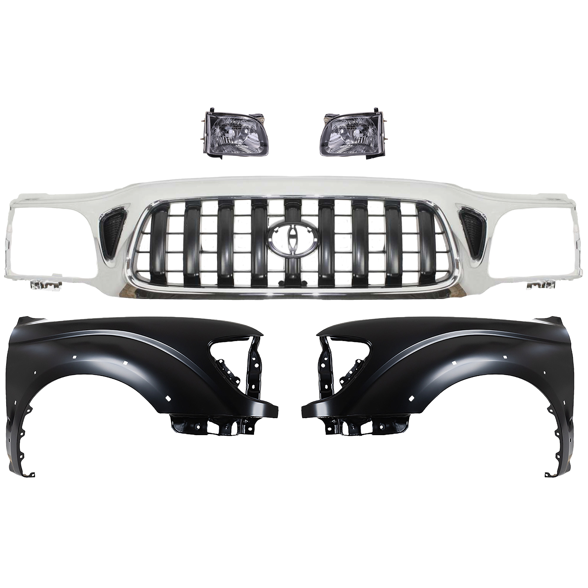 AM TACOMA 01-04 GRILLE Chrome Shell with Painted Dark Gray Insert 5 pc Kit with Fenders and Headlights SKU KIT 031323-176 Partslink TO1200248 TO1240188 TO1241188 TO2502136 TO2503136 OEM 5310004240-5380204080-53801040