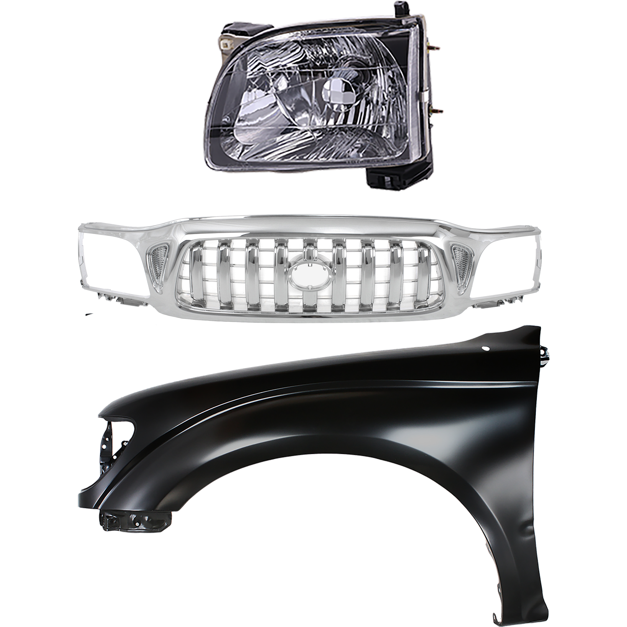 AM TACOMA 01-04 GRILLE Chrome Shell and Insert 3 pc Kit with Fender and Headlight SKU KIT 031323-17701 Partslink Performance TO1241180 TO2503136 OEM 5310004240-5380104050-81110041