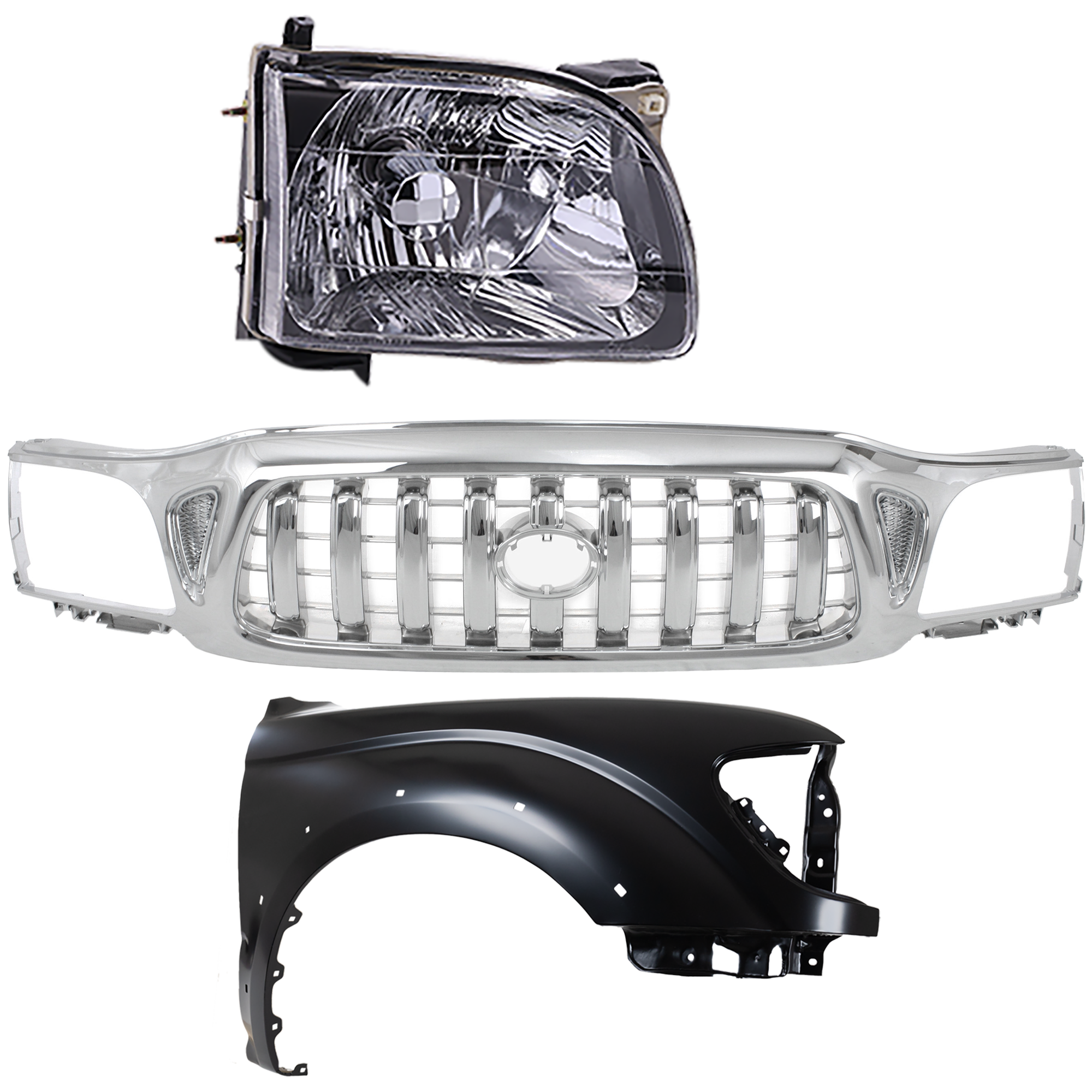 AM TACOMA 01-04 GRILLE Chrome Shell and Insert 3 pc Kit with Fender and Headlight SKU KIT 031323-17702 Partslink Performance TO1240180 TO2502136 OEM 5310004240-5380204070-81150041