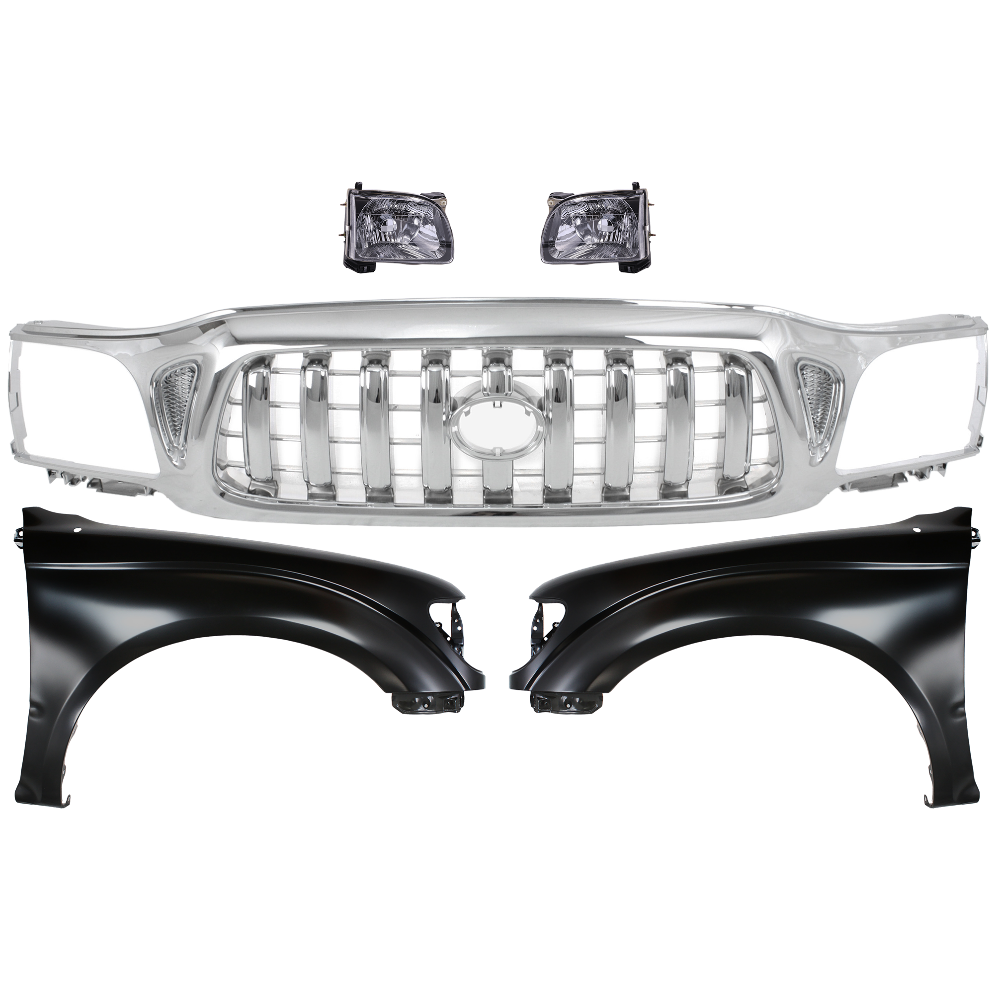 AM TACOMA 01-04 GRILLE Chrome Shell and Insert 5 pc Kit with Fenders and Headlights SKU KIT 031323-177 Partslink Performance TO1240180 TO1241180 TO2502136 TO2503136 OEM 5310004240-5380204070-53801040