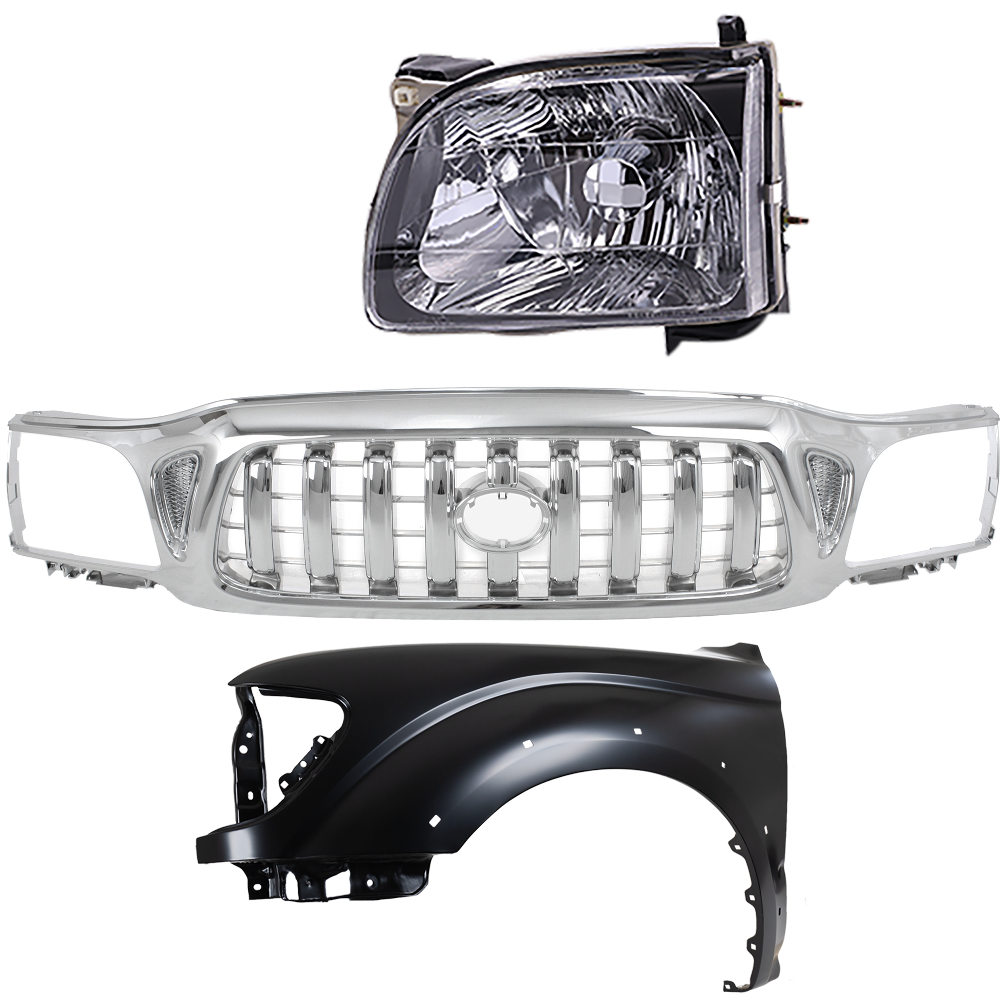 AM TACOMA 01-04 GRILLE Chrome Shell and Insert 3 pc Kit with Fender and Headlight SKU KIT 031323-17802 Partslink Performance TO1240188 TO2502136 OEM 5310004240-5380204080-81150041