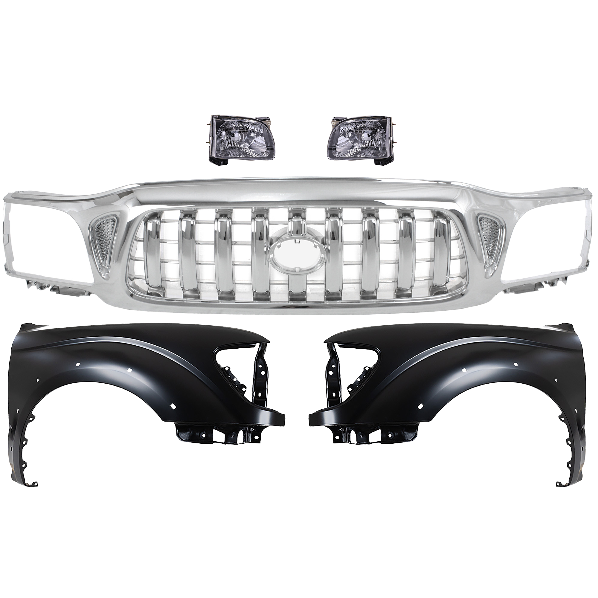 AM TACOMA 01-04 GRILLE Chrome Shell and Insert 5 pc Kit with Fenders and Headlights SKU KIT 031323-178 Partslink Performance TO1240188 TO1241188 TO2502136 TO2503136 OEM 5310004240-5380204080-53801040