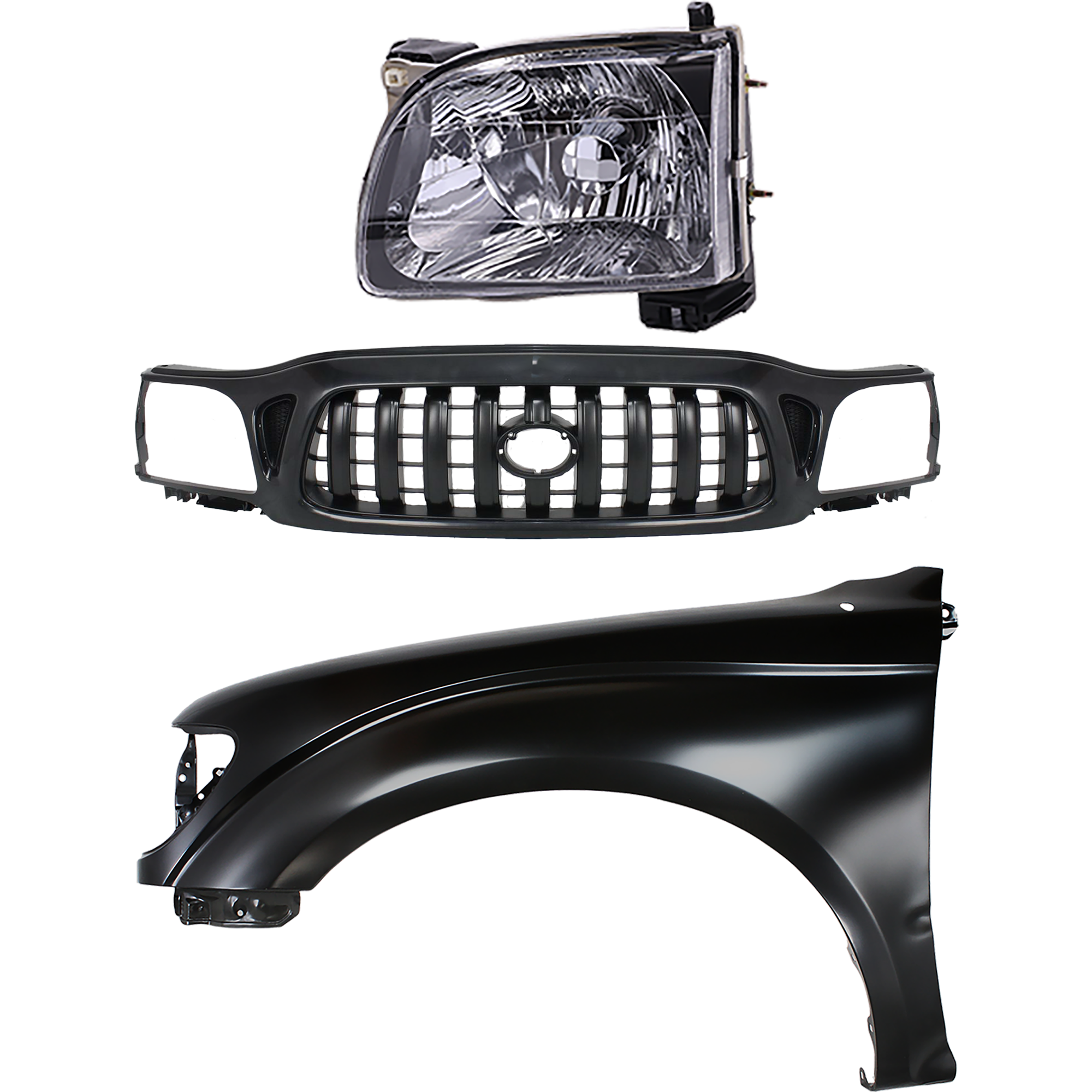 AM TACOMA 01-04 GRILLE Paintable Shell and Insert 3 pc Kit with Fender and Headlight SKU KIT 031323-17901 Partslink TO1200246 TO1241180 TO2503136 OEM 5310004250C0-5380104050-811100