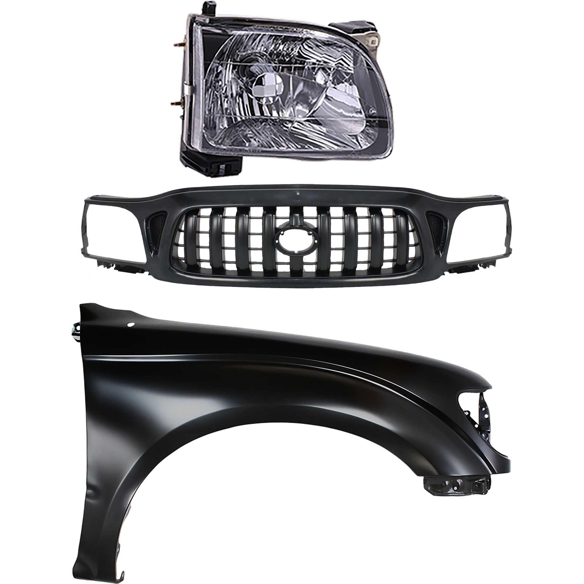AM TACOMA 01-04 GRILLE Paintable Shell and Insert 3 pc Kit with Fender and Headlight SKU KIT 031323-17902 Partslink TO1200246 TO1240180 TO2502136 OEM 5310004250C0-5380204070-811500