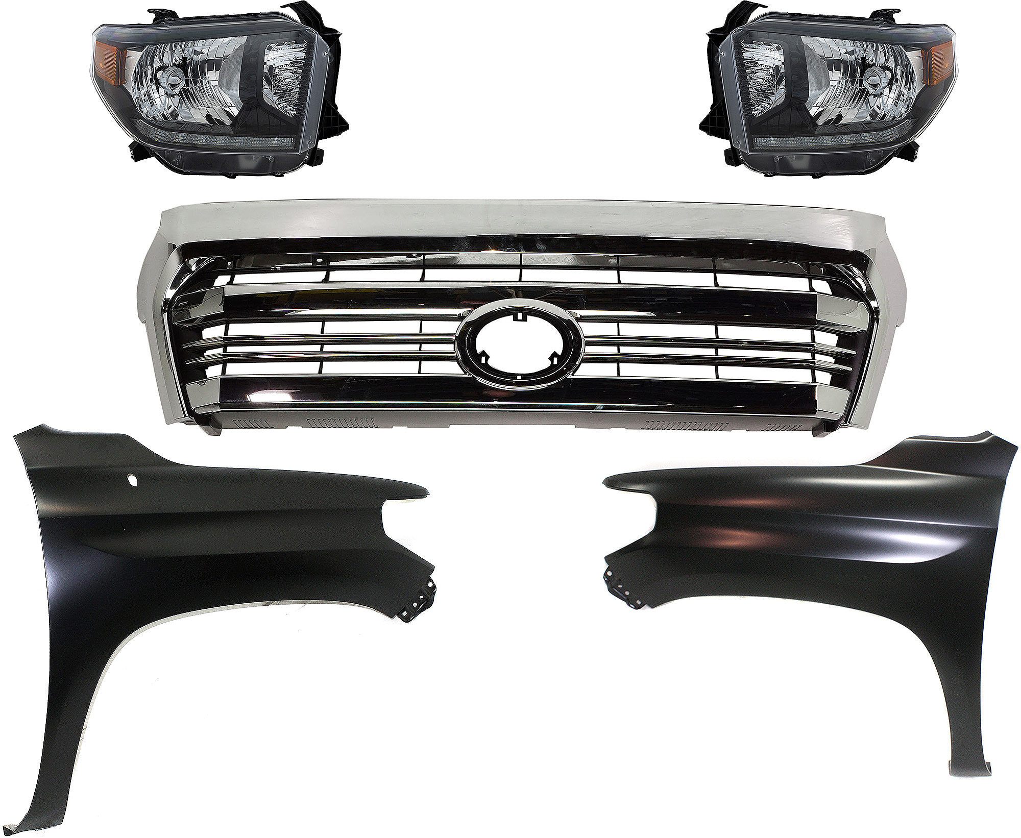 AM TUNDRA 16-17 HEAD LAMP RH AND LH LED Assembly 5 pc Kit with Fenders and Grille Assembly SKU KIT 031323-17 Partslink TO2505126 TO1241249 TO1240249 TO1200431 OEM 811500C090-811100C090-538110C0