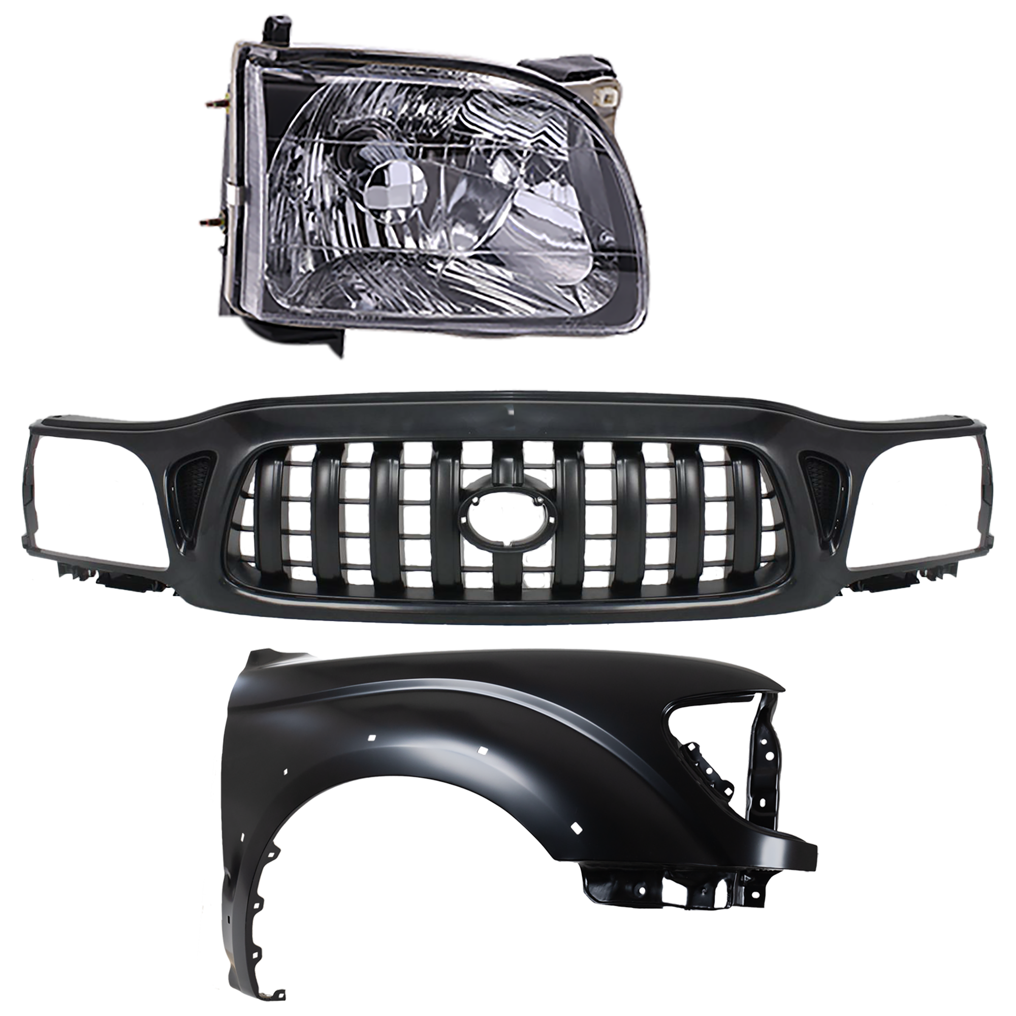 AM TACOMA 01-04 GRILLE Paintable Shell and Insert 3 pc Kit with Fender and Headlight SKU KIT 031323-18001 Partslink TO1200246 TO1241188 TO2503136 OEM 5310004250C0-5380104060-811100
