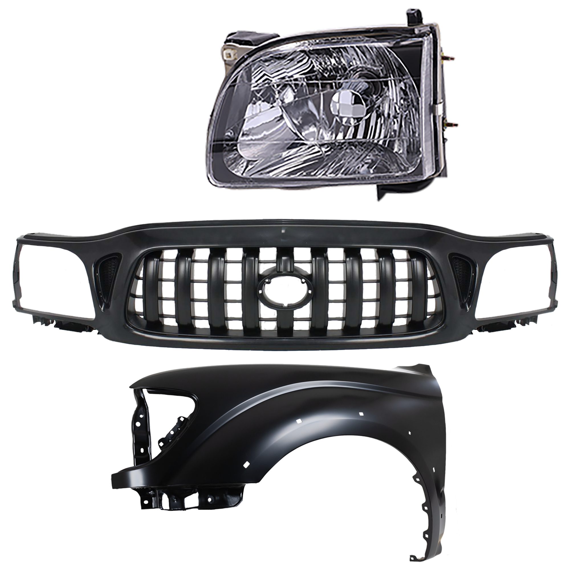 AM TACOMA 01-04 GRILLE Paintable Shell and Insert 3 pc Kit with Fender and Headlight SKU KIT 031323-18002 Partslink TO1200246 TO1240188 TO2502136 OEM 5310004250C0-5380204080-811500