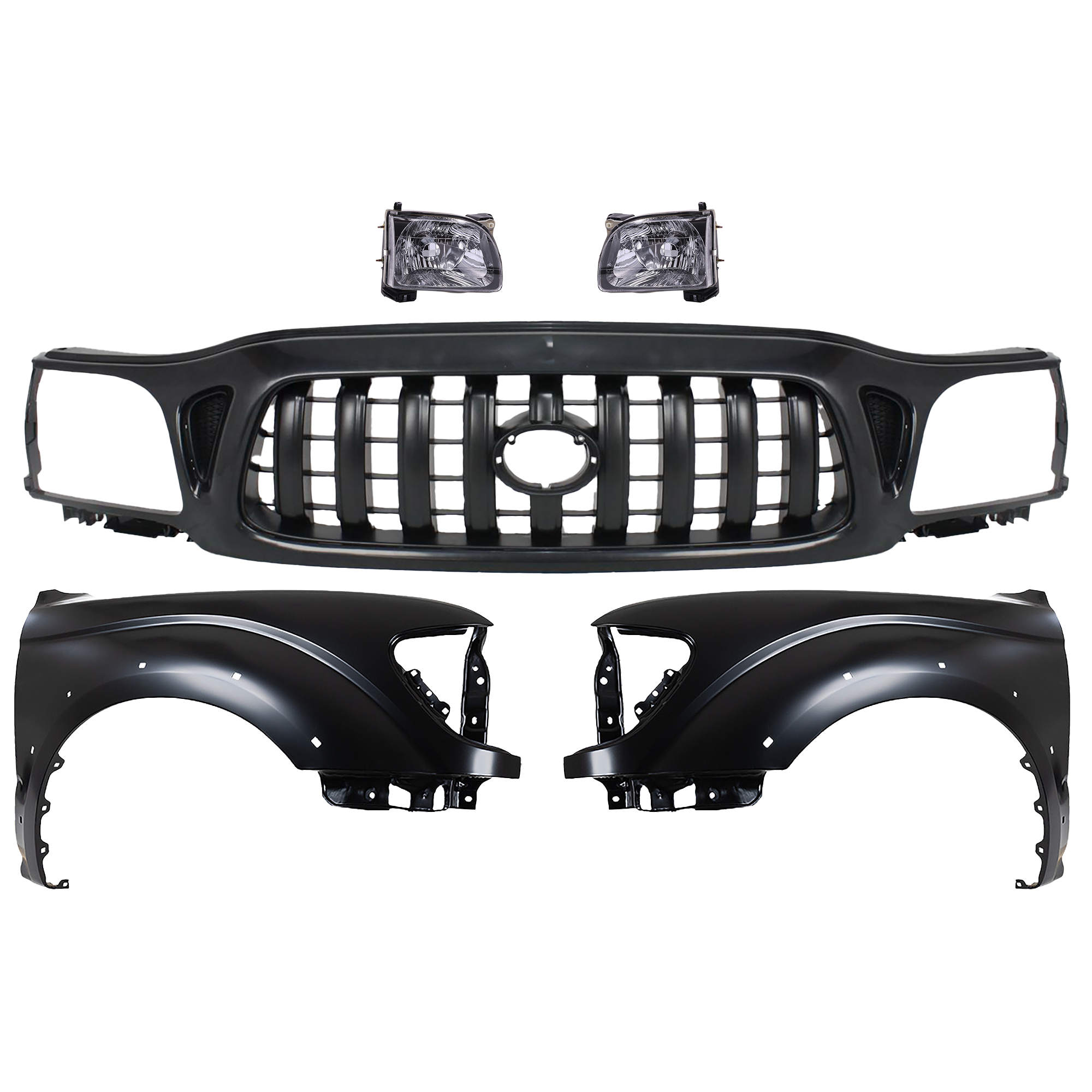 AM TACOMA 01-04 GRILLE Paintable Shell and Insert 5 pc Kit with Fenders and Headlights SKU KIT 031323-180 Partslink TO1200246 TO1240188 TO1241188 TO2502136 TO2503136 OEM 5310004250C0-5380204080-538010