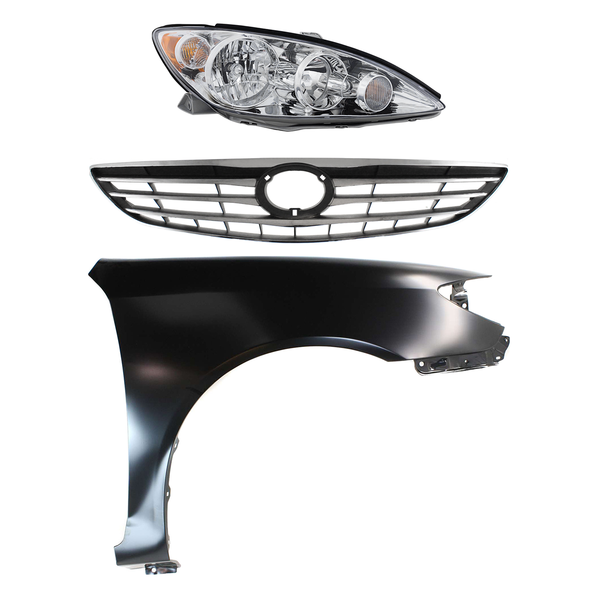 AM CAMRY 05-06 HEAD LAMP RH Assembly Halogen 3 pc Kit with Fender and Grille Assembly SKU KIT 031323-18101 Partslink TO2503155 TO1241184 TO1200267 OEM 8111006180-53801AA020-53101060