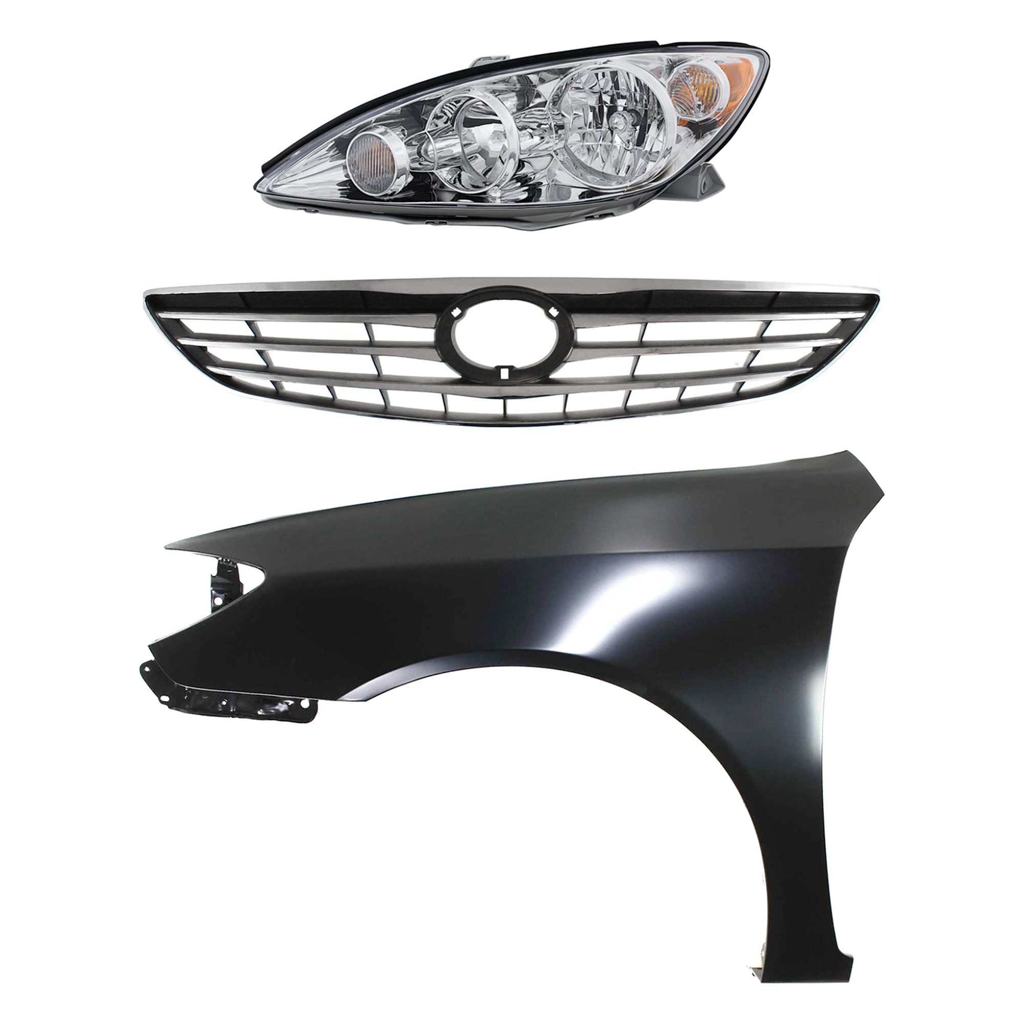 AM CAMRY 05-06 HEAD LAMP LH Assembly Halogen 3 pc Kit with Fender and Grille Assembly SKU KIT 031323-18102 Partslink TO2502155 TO1240184 TO1200267 OEM 8115006180-53802AA020-53101060