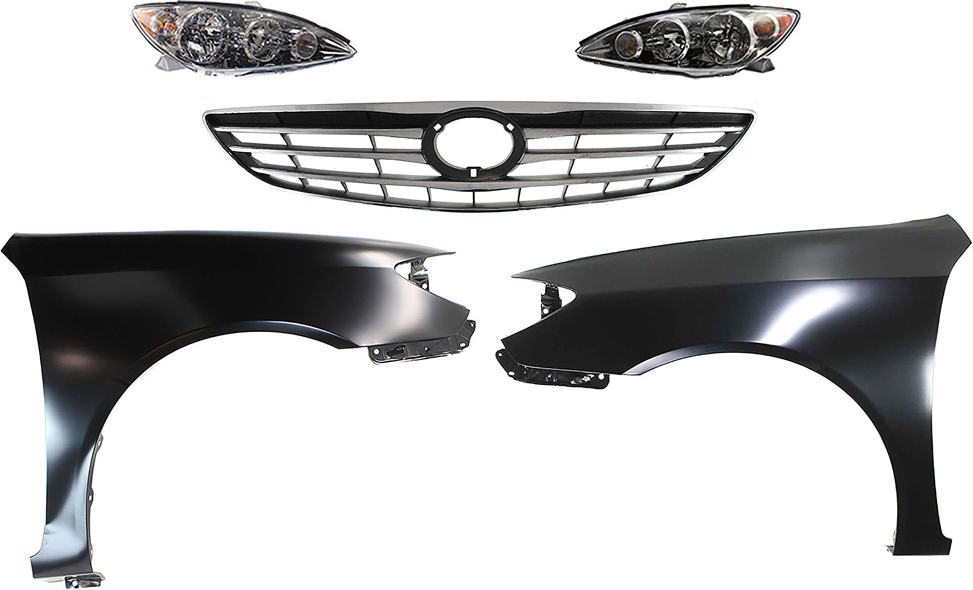 AM CAMRY 05-06 HEAD LAMP RH AND LH Assembly Halogen 5 pc Kit with Fenders and Grille Assembly SKU KIT 031323-181 Partslink TO2502155 TO2503155 TO1241184 TO1240184 TO1200267 OEM 8115006180-8111006180-53801AA0