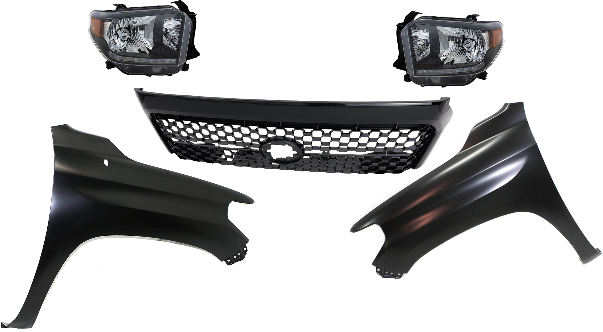 AM TUNDRA 18-19 HEAD LAMP RH AND LH Lens and Housing LED 5 pc Kit with Fenders and Grille Assembly SKU KIT 031323-18 Partslink TO2505126 TO1241249 TO1240249 TO1200454 OEM 811500C090-811100C090-538110C0
