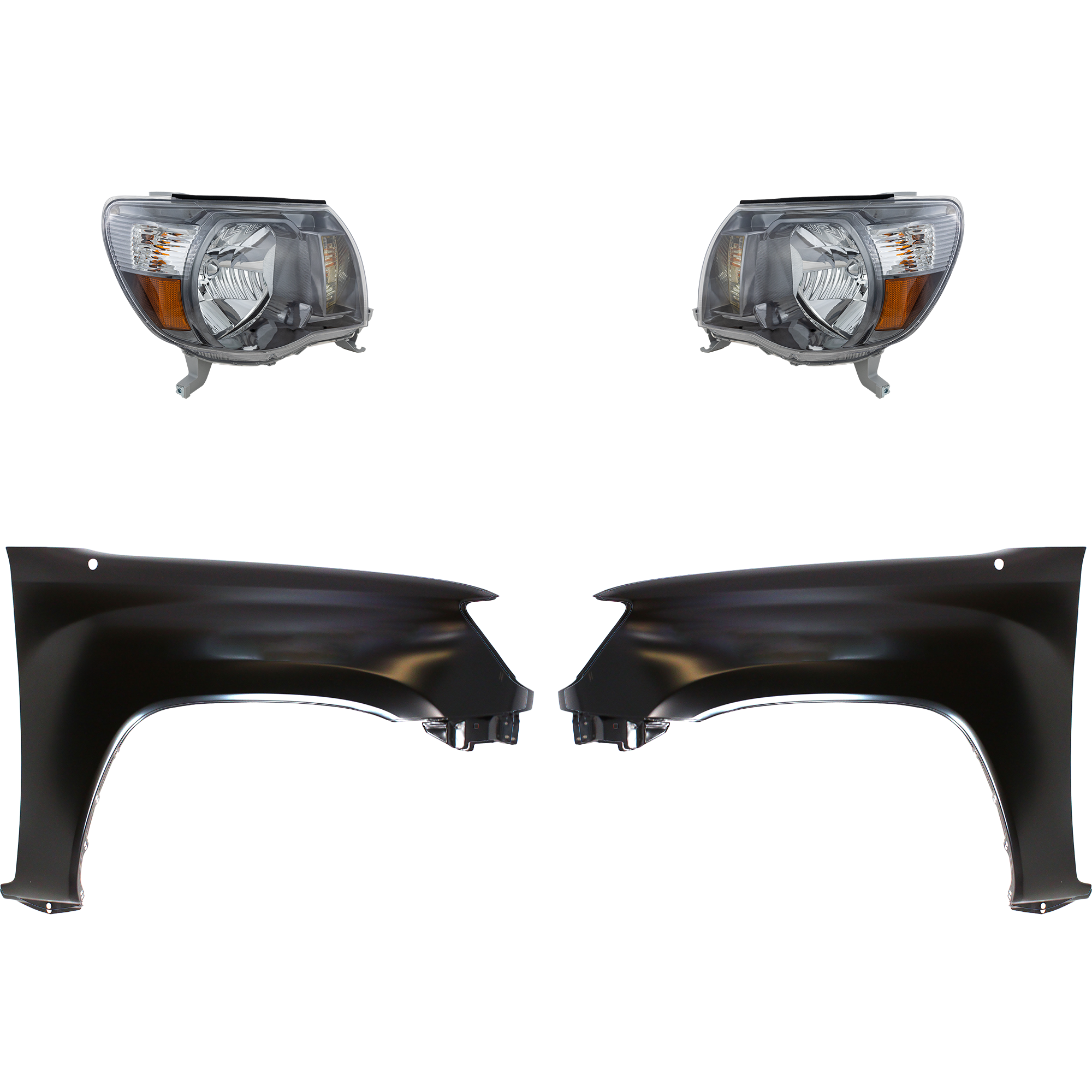 AM TACOMA 05-08 HEAD LAMP RH AND LH Assembly Halogen 4 pc Kit with Fenders SKU KIT 031323-19303 Partslink TO2502181 TO2503181 TO1240206 TO1241206 OEM 8111004173-8115004173-53812040