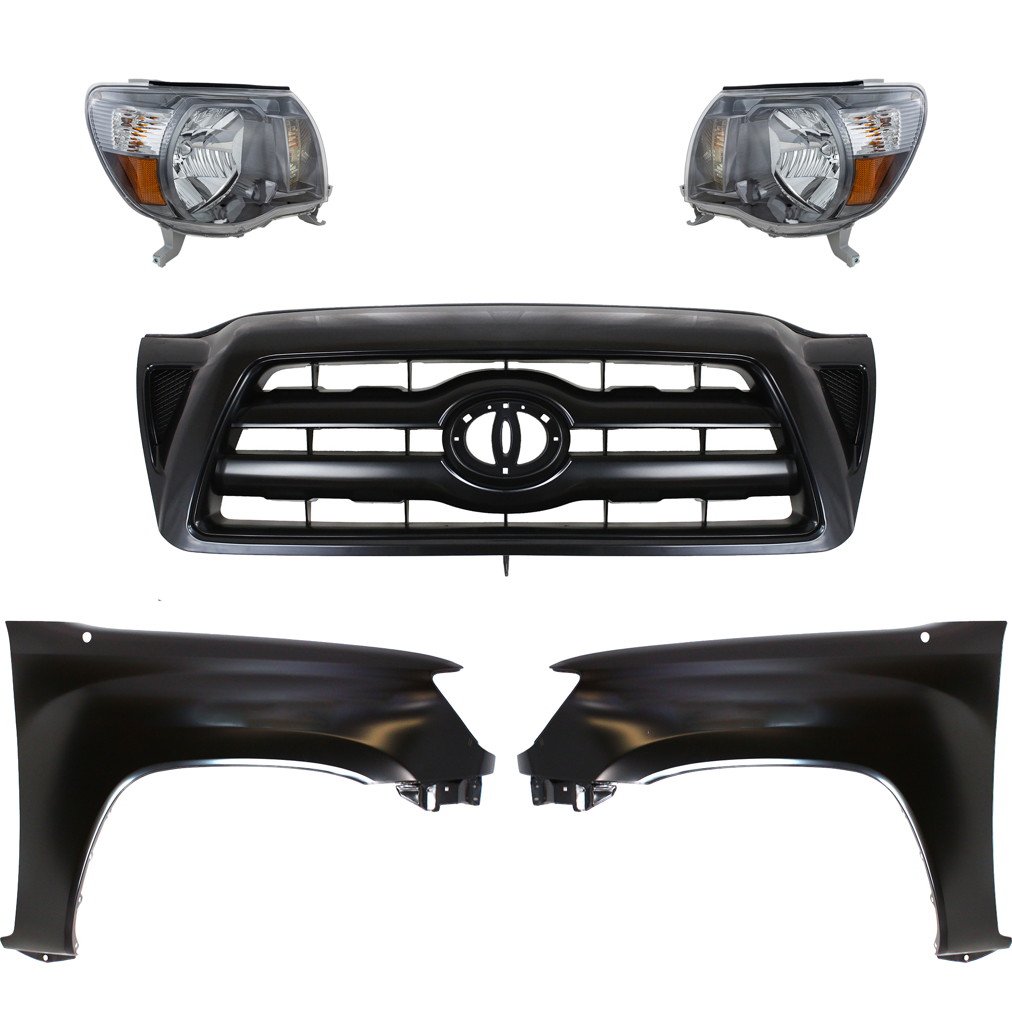 AM TACOMA 05-11 HEAD LAMP RH AND LH Assembly Halogen 5 pc Kit with Fenders and Grille Assembly SKU KIT 031323-193 Partslink TO2502181 TO2503181 TO1240206 TO1241206 TO1200269 OEM 8111004173-8115004173-53812040