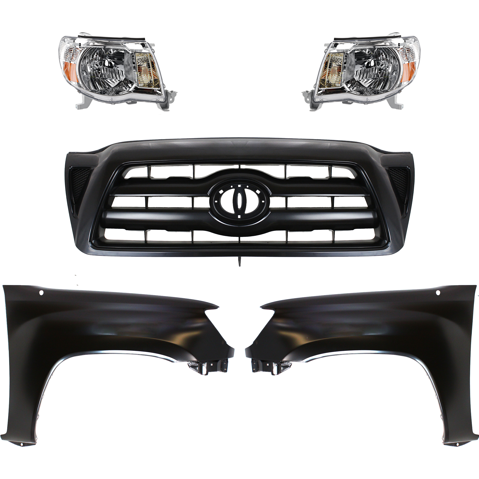 AM TACOMA 05-11 HEAD LAMP RH AND LH Assembly Halogen 5 pc Kit with Fenders and Grille Assembly SKU KIT 031323-194 Partslink TO2502157 TO2503157 TO1240206 TO1241206 TO1200269 OEM 8111004163-8115004163-53812040