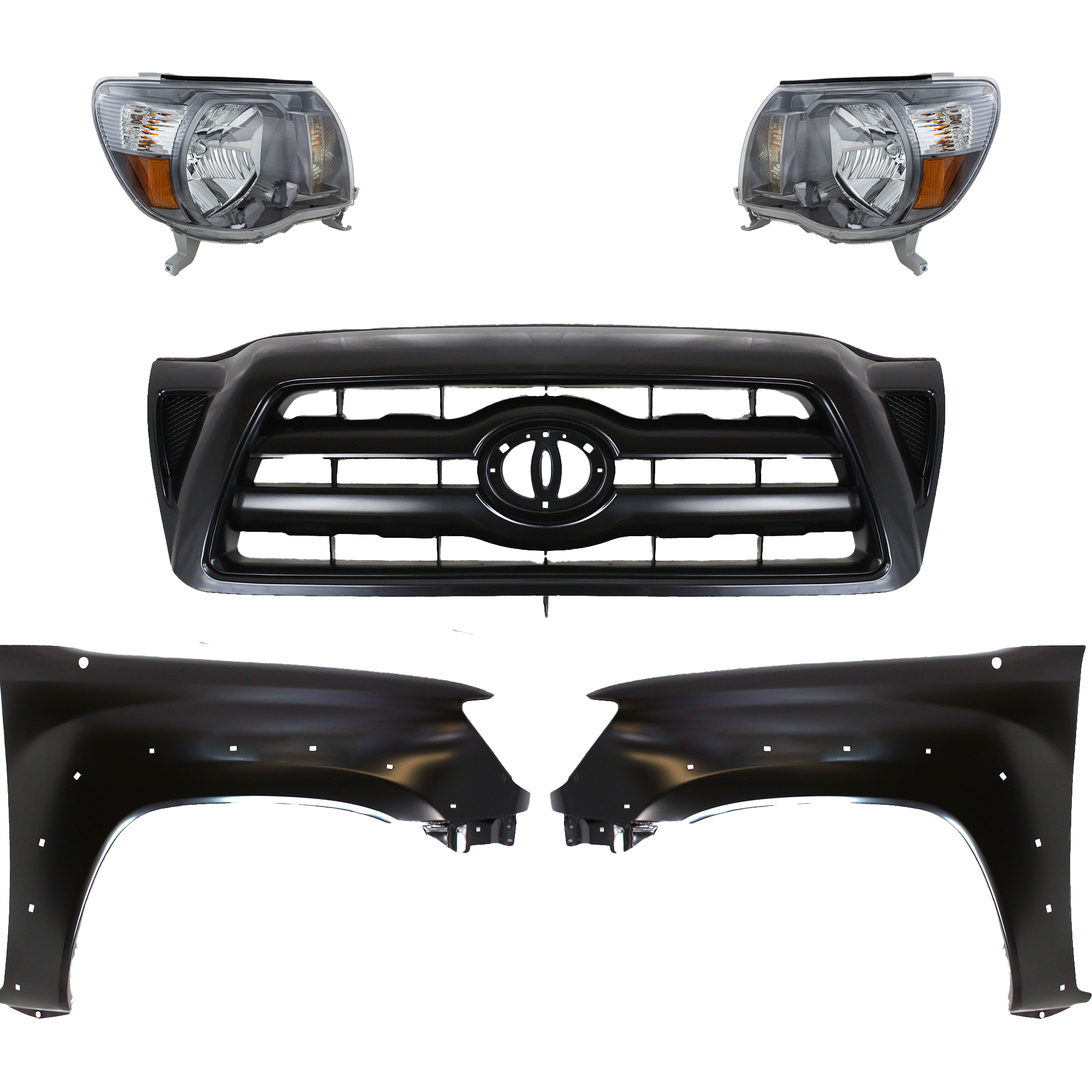 AM TACOMA 05-11 HEAD LAMP RH AND LH Assembly Halogen 5 pc Kit with Fenders and Grille Assembly SKU KIT 031323-195 Partslink TO2503181 TO2502181 TO1241208 TO1240208 TO1200269 OEM 8111004173-8115004173-53811041