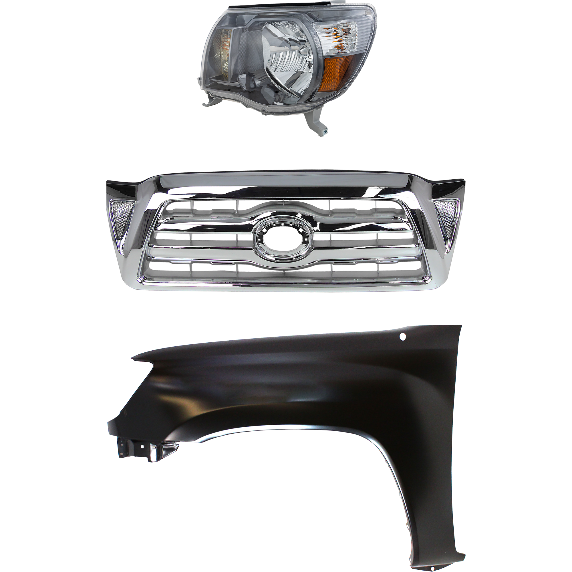 AM TACOMA 05-08 GRILLE Chrome Shell and Insert 3 pc Kit with Fender and Headlight SKU KIT 031323-19702 Partslink Performance TO1240206 TO2502181 OEM Performance 5381204090-8115004
