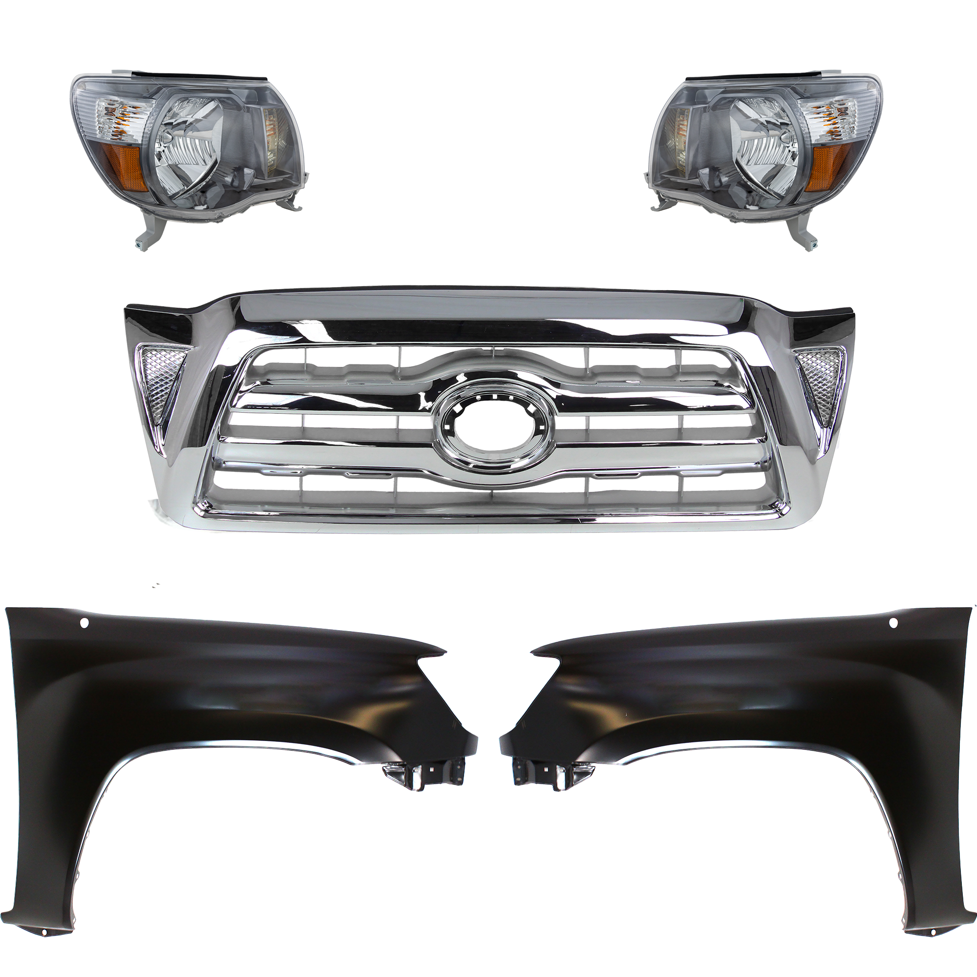 AM TACOMA 05-08 GRILLE Chrome Shell and Insert 5 pc Kit with Fenders and Headlights SKU KIT 031323-197 Partslink Performance TO1240206 TO1241206 TO2502181 TO2503181 OEM Performance 5381204090-5381104