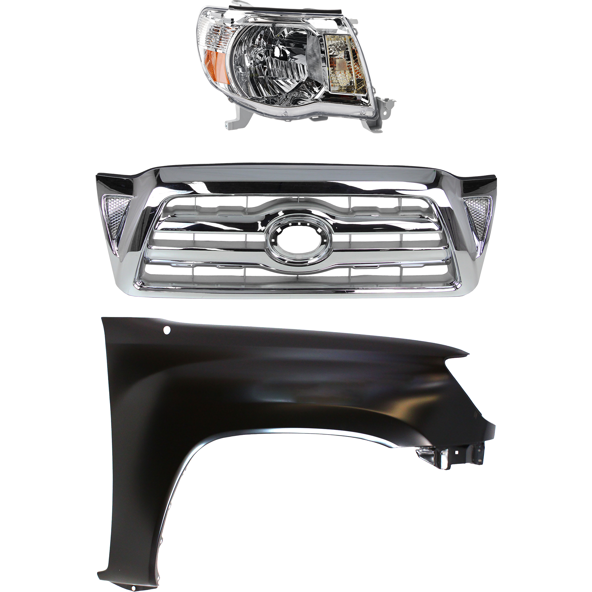 AM TACOMA 05-08 GRILLE Chrome Shell and Insert 3 pc Kit with Fender and Headlight SKU KIT 031323-19801 Partslink Performance TO1241206 TO2503157 OEM Performance 5381104090-8111004