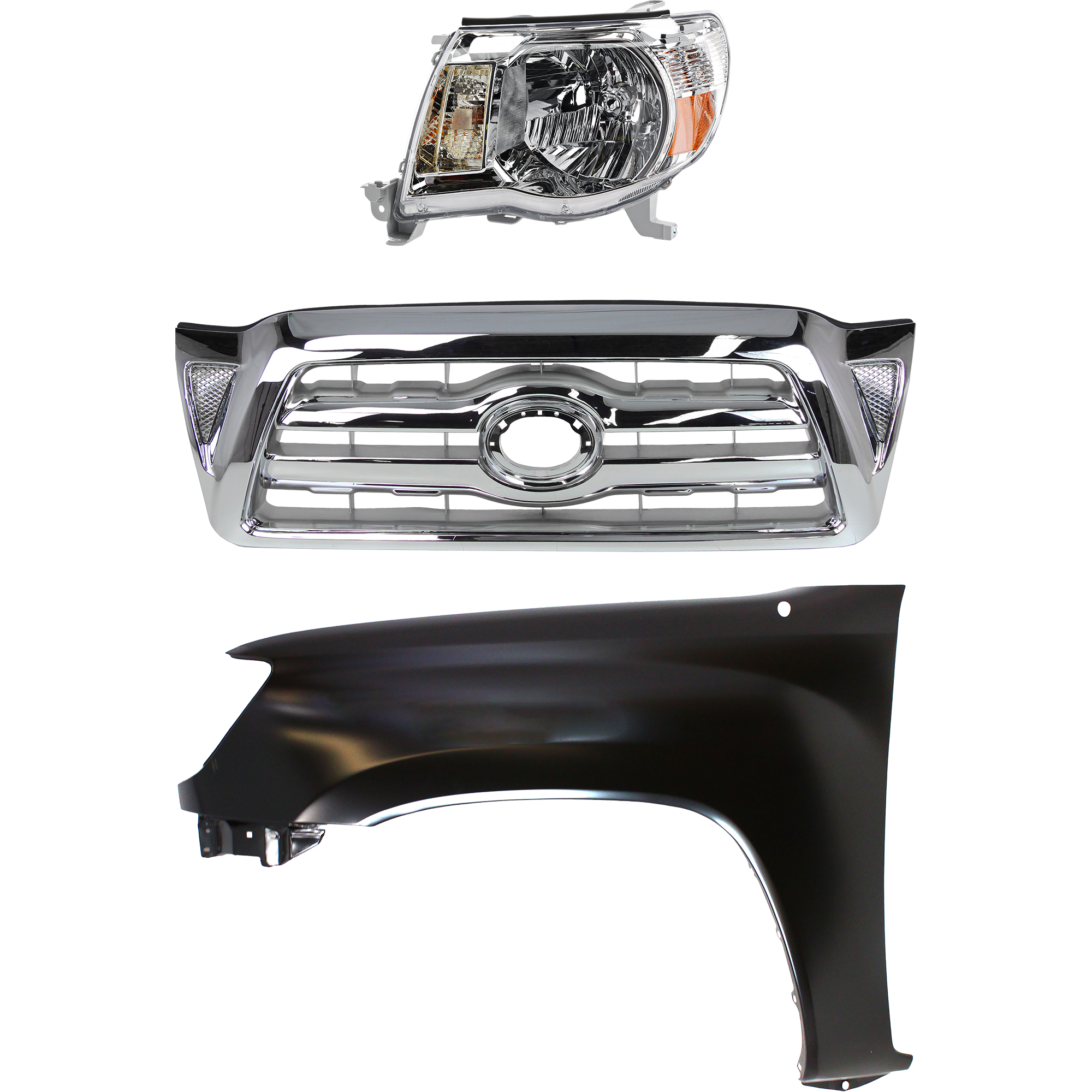 AM TACOMA 05-08 GRILLE Chrome Shell and Insert 3 pc Kit with Fender and Headlight SKU KIT 031323-19802 Partslink Performance TO1240206 TO2502157 OEM Performance 5381204090-8115004