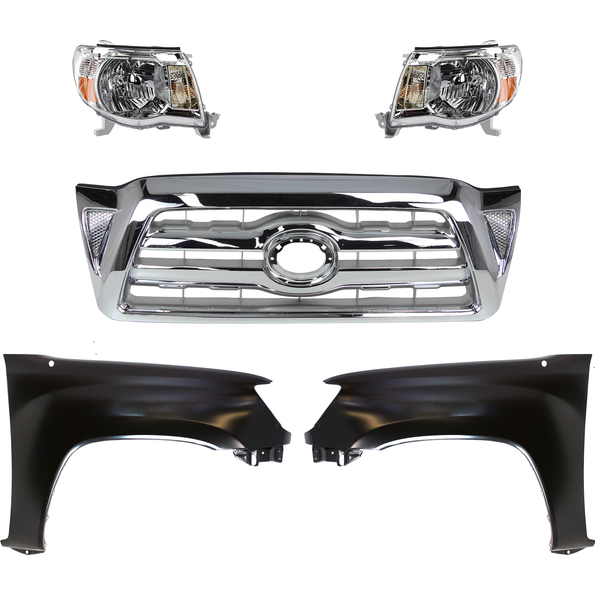 AM TACOMA 05-08 GRILLE Chrome Shell and Insert 5 pc Kit with Fenders and Headlights SKU KIT 031323-198 Partslink Performance TO1240206 TO1241206 TO2502157 TO2503157 OEM Performance 5381204090-5381104