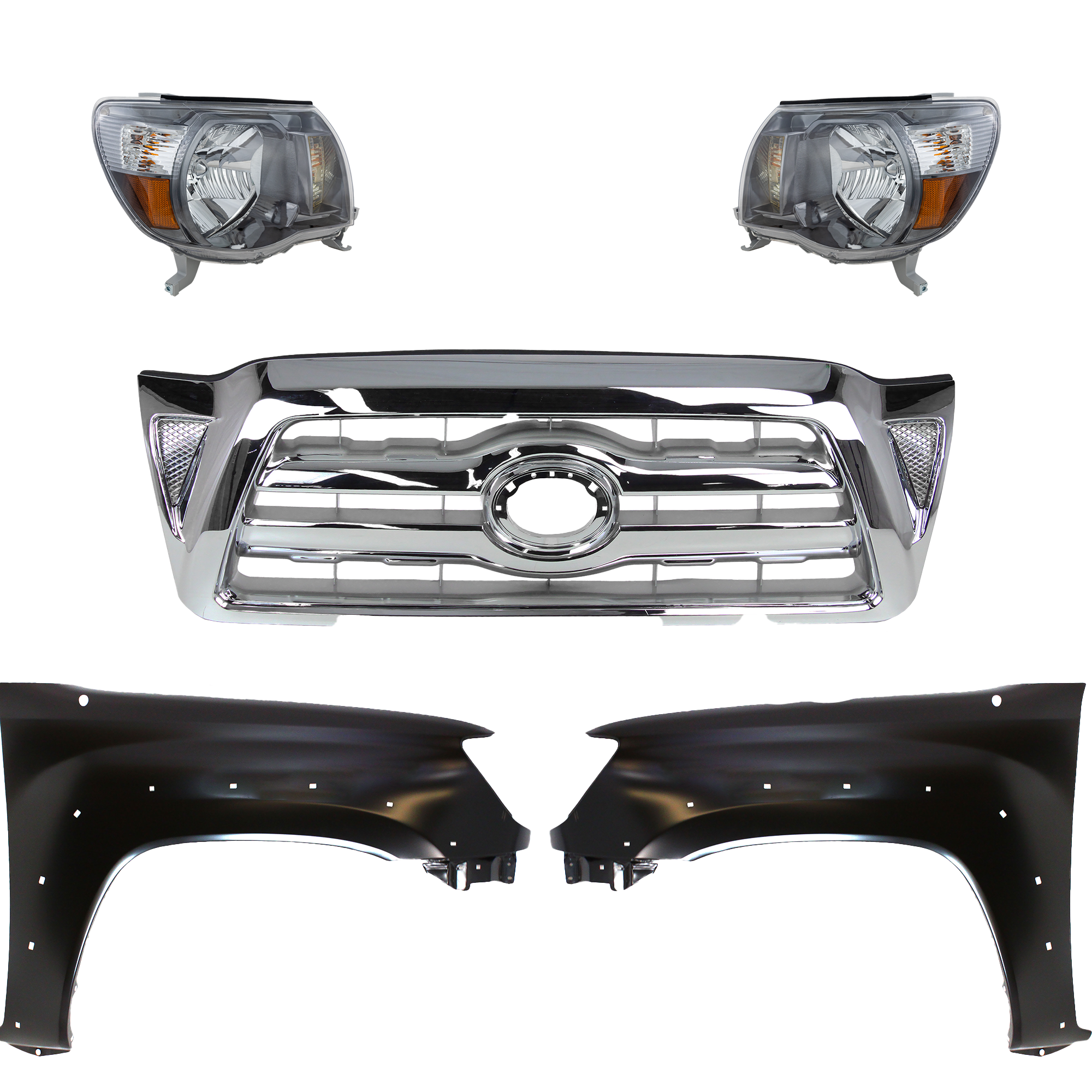 AM TACOMA 05-08 GRILLE Chrome Shell and Insert 5 pc Kit with Fenders and Headlights SKU KIT 031323-199 Partslink Performance TO1241208 TO1240208 TO2502181 TO2503181 OEM Performance 5381104100-5381204